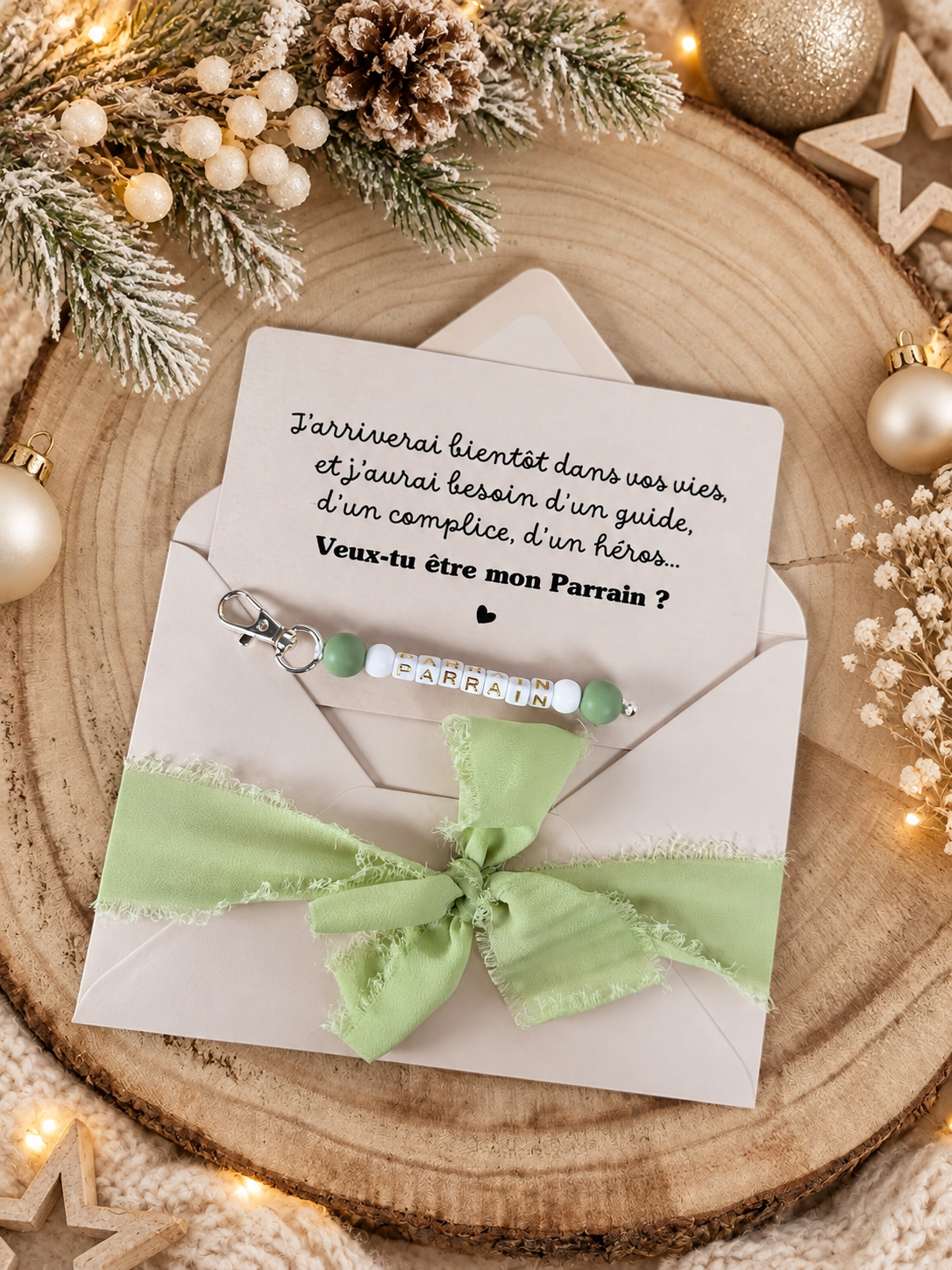 Annonce grossesse, demande parrain carte porte clé noel vert perle