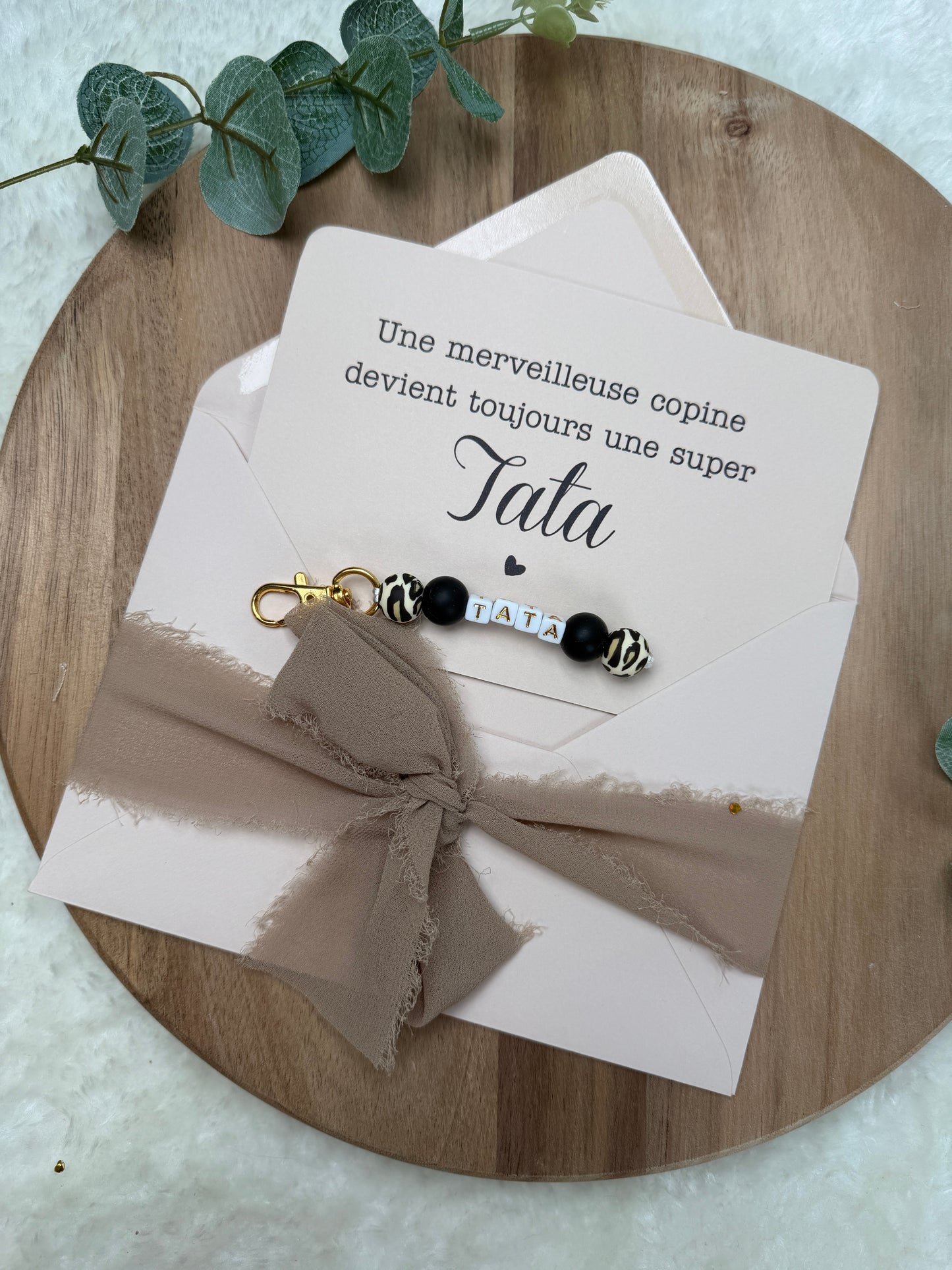 Annonce grossesse carte porte clé perle tata léopard