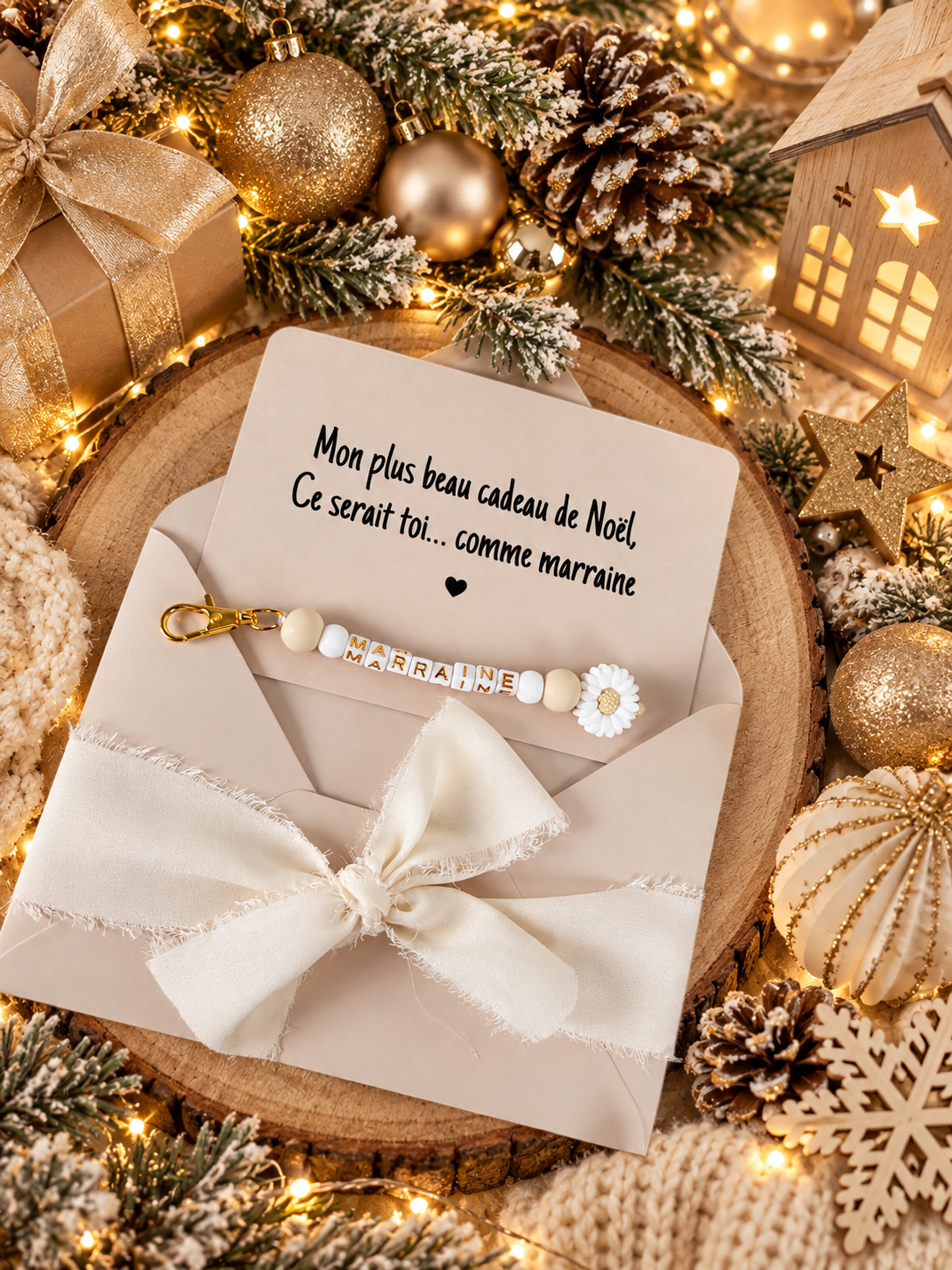Annonce grossesse, demande marraine, blanc baptême, carte et porte clé en perles noel
