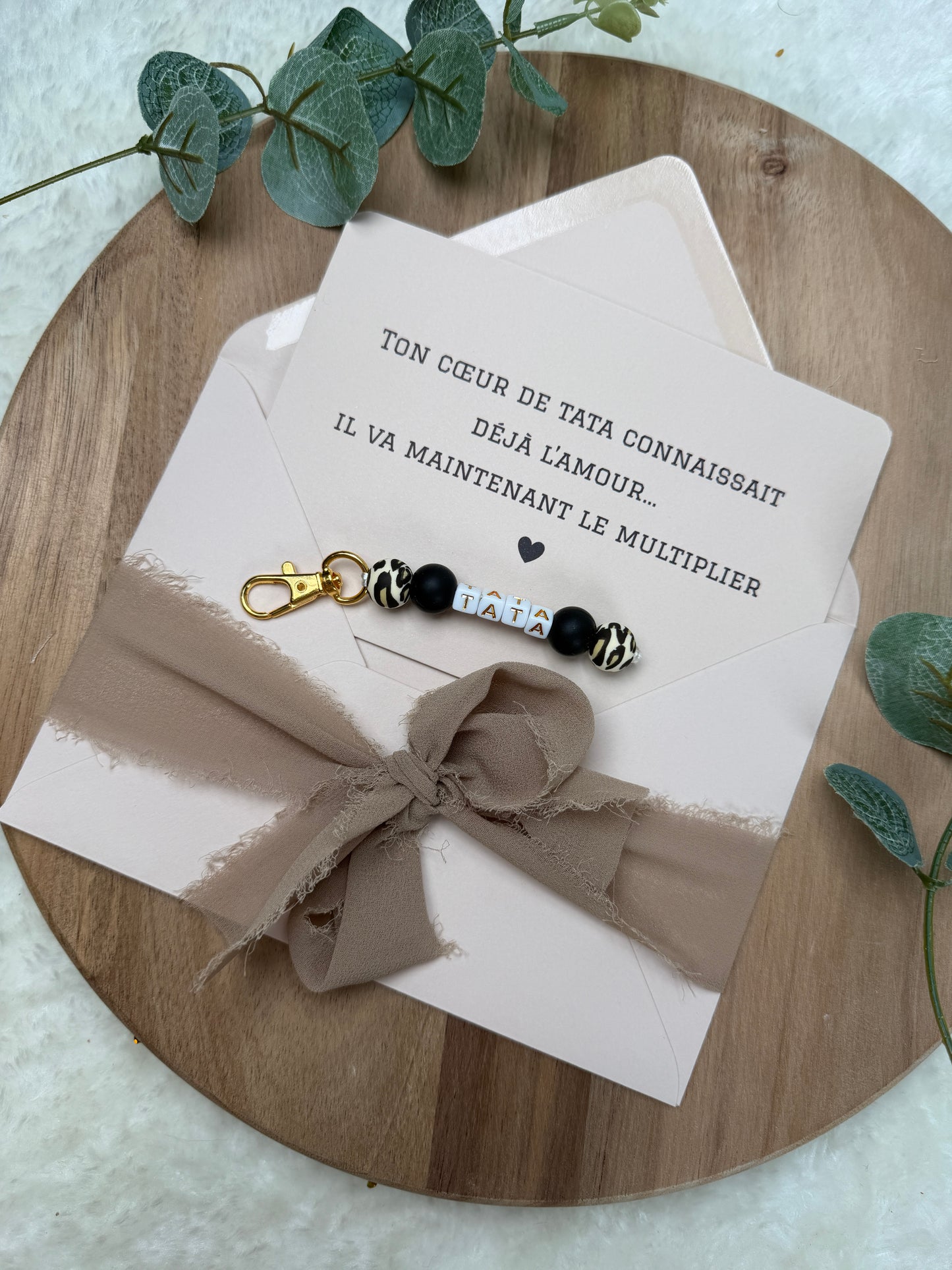 Annonce grossesse carte porte clé perle tata léopard