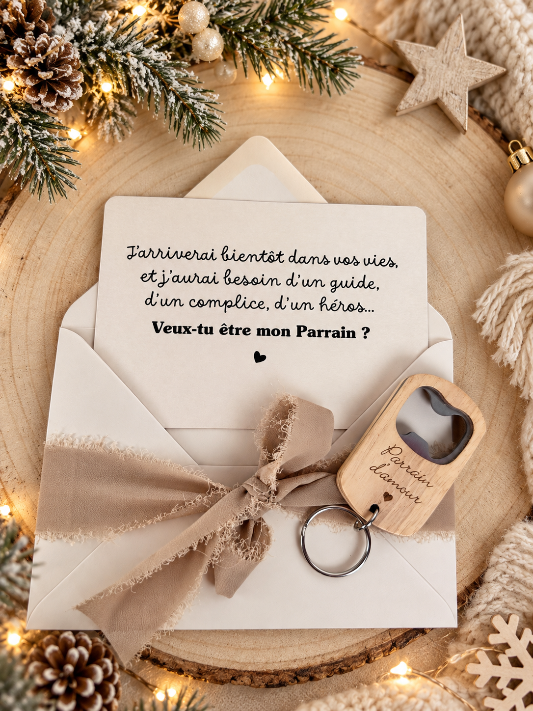 Annonce grossesse, demande parrain carte décapsuleur simple ou porte clé noel