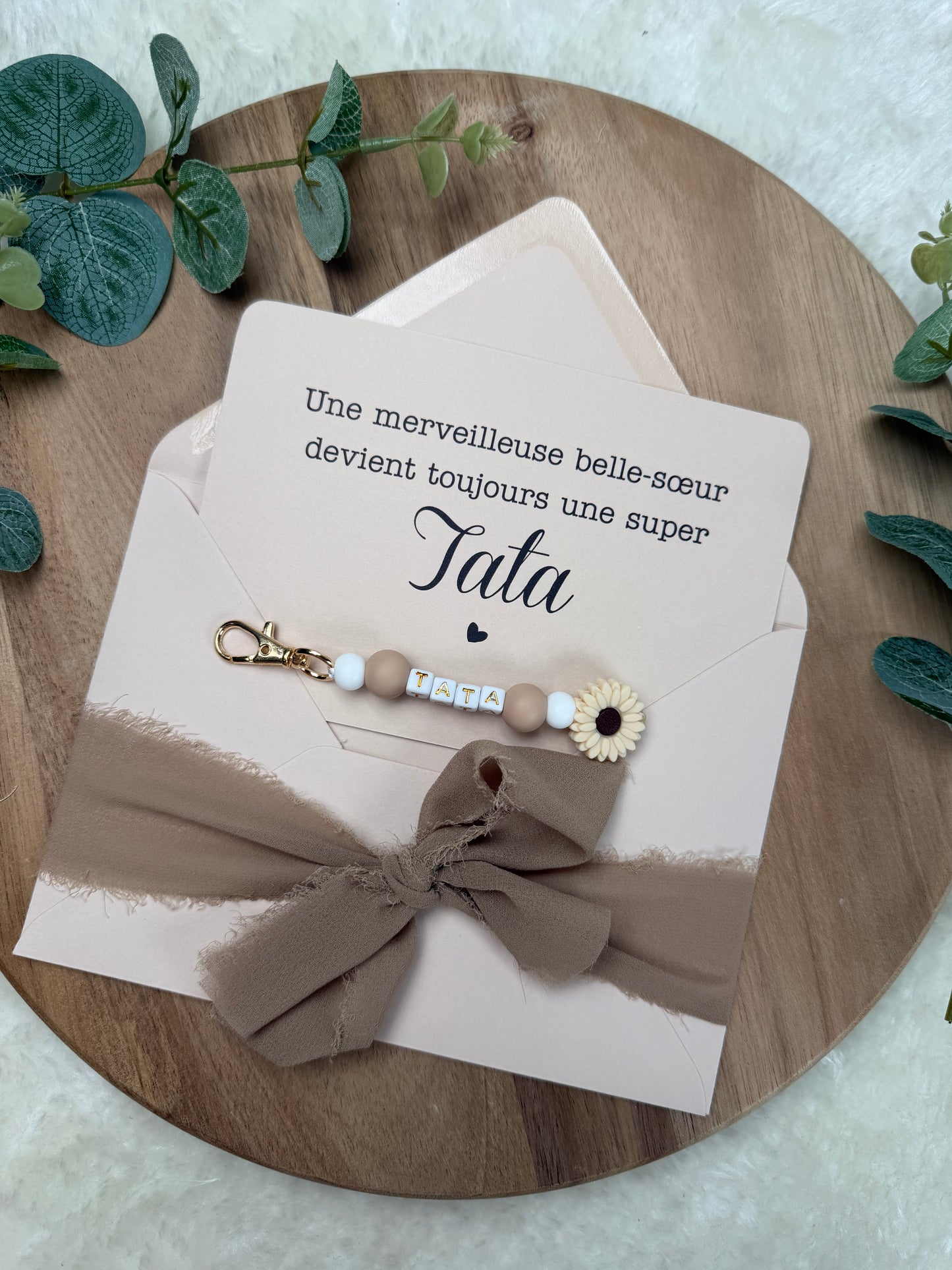 Annonce grossesse carte porte clé perle tata marron