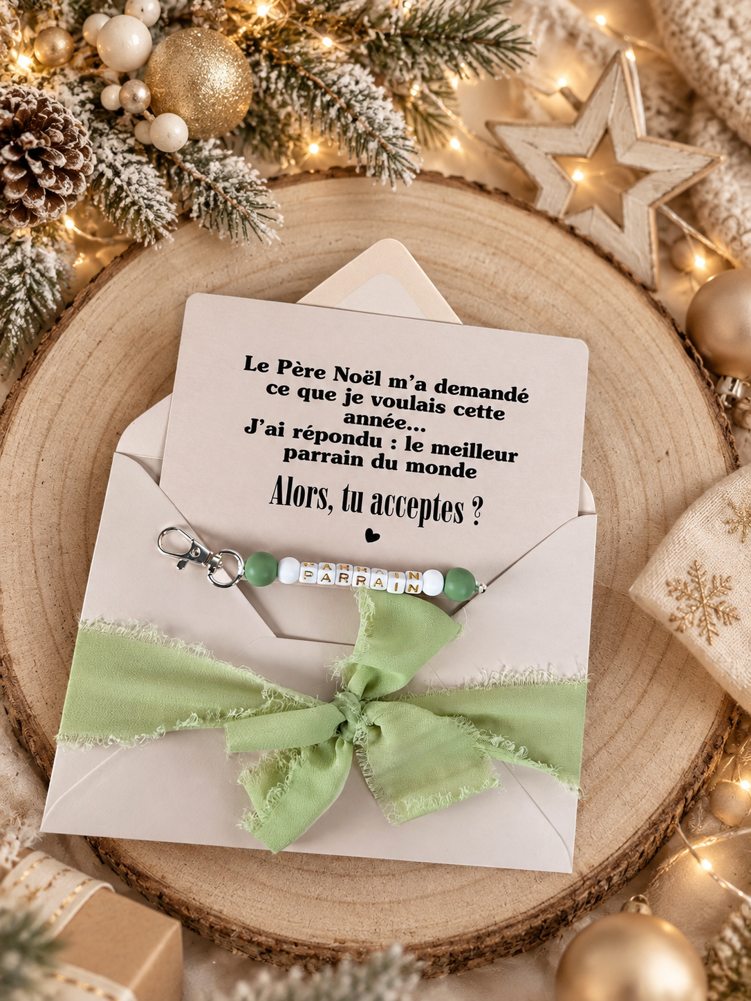 Annonce grossesse, demande parrain carte porte clé noel vert perle