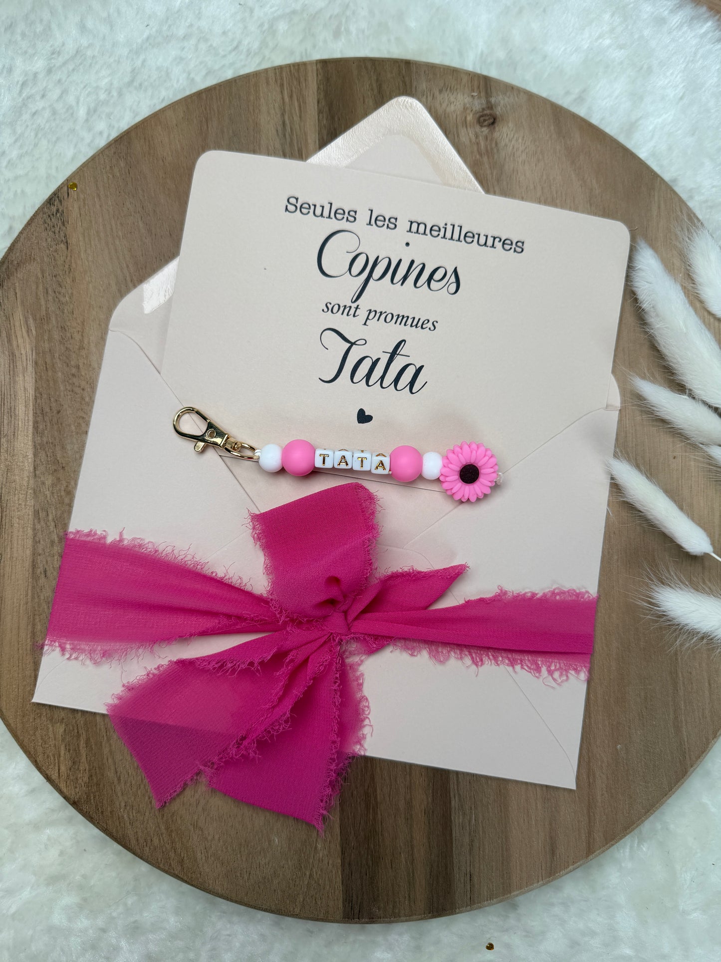 Annonce grossesse carte porte clé perle rose fuchsia