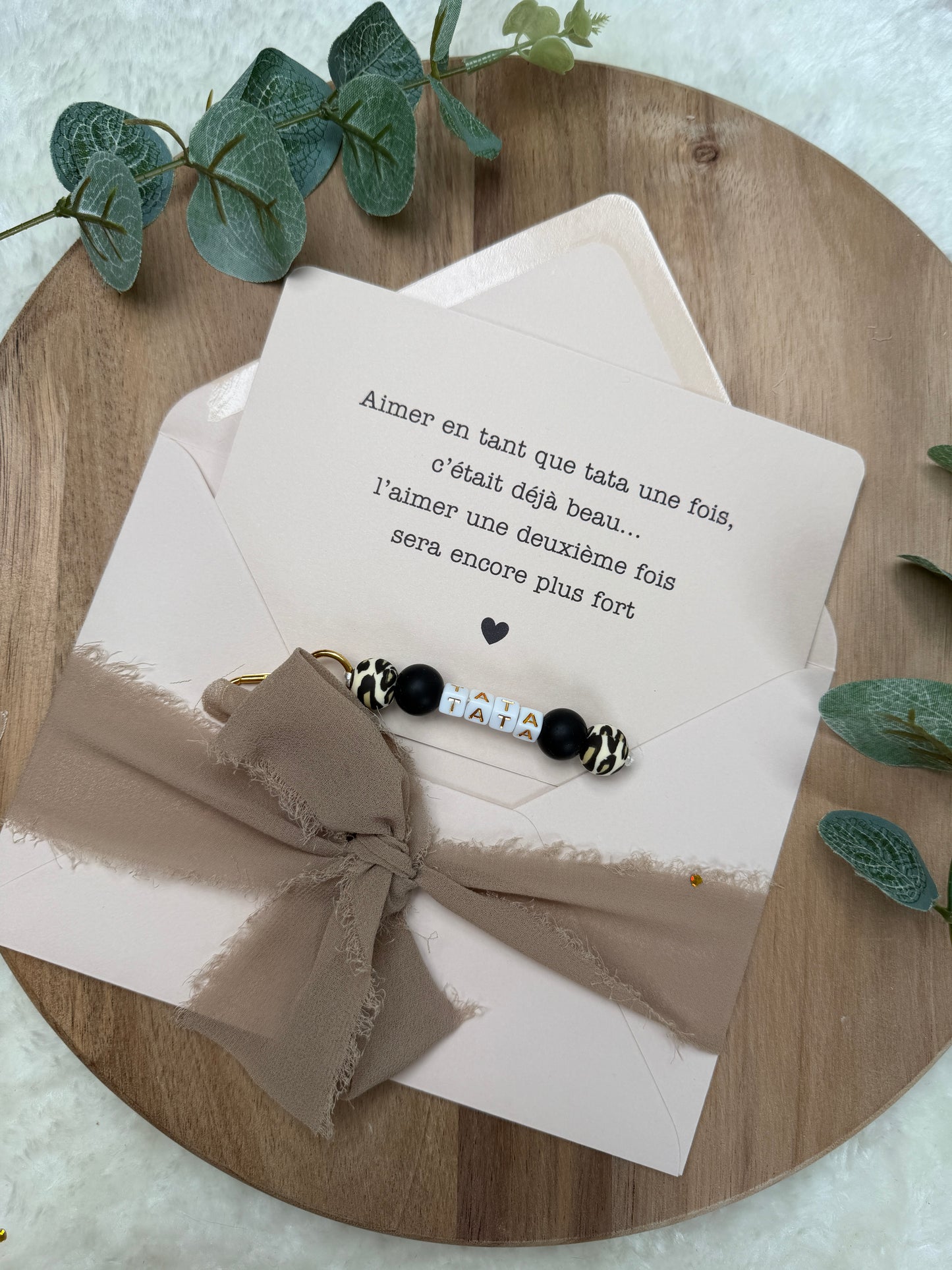 Annonce grossesse carte porte clé perle tata léopard