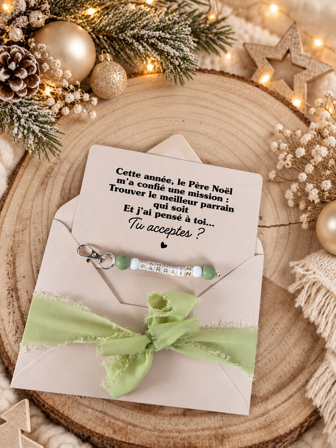 Annonce grossesse, demande parrain carte porte clé noel vert perle
