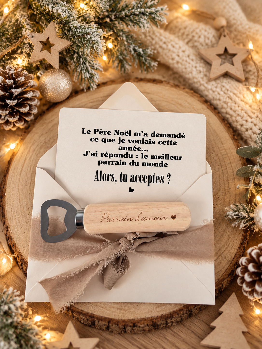 Annonce grossesse, demande parrain carte décapsuleur simple ou porte clé noel