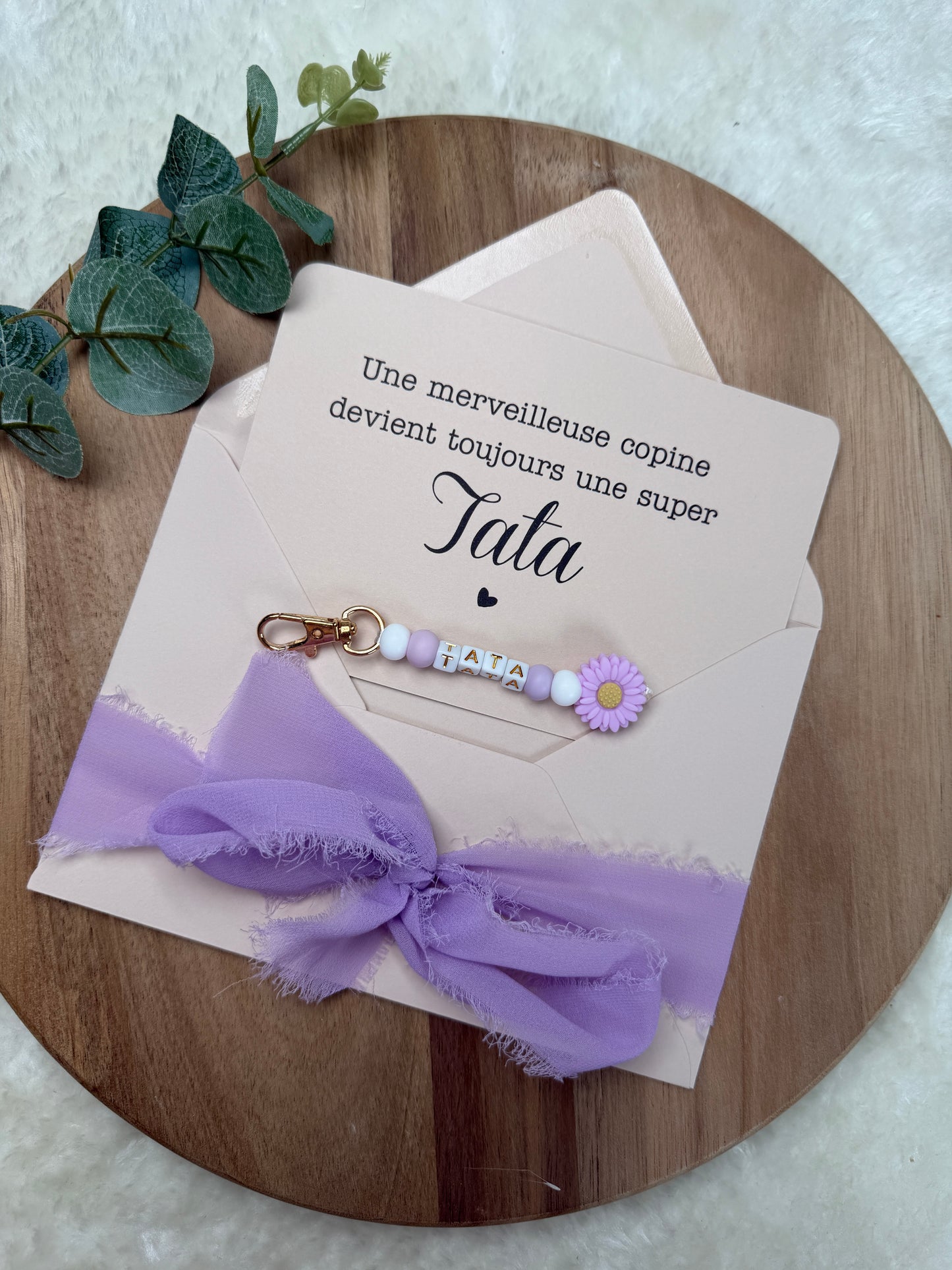 Annonce grossesse carte porte clé perle tata violet
