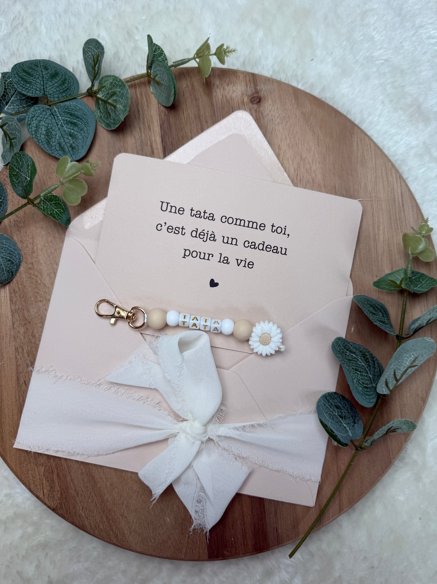 Annonce grossesse carte porte clé perle tata beige