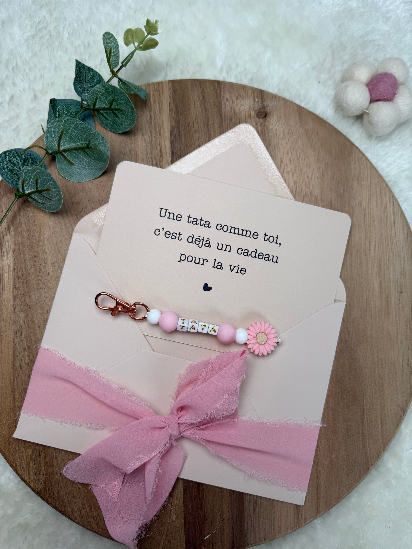 Annonce grossesse carte porte clé perle tata rose