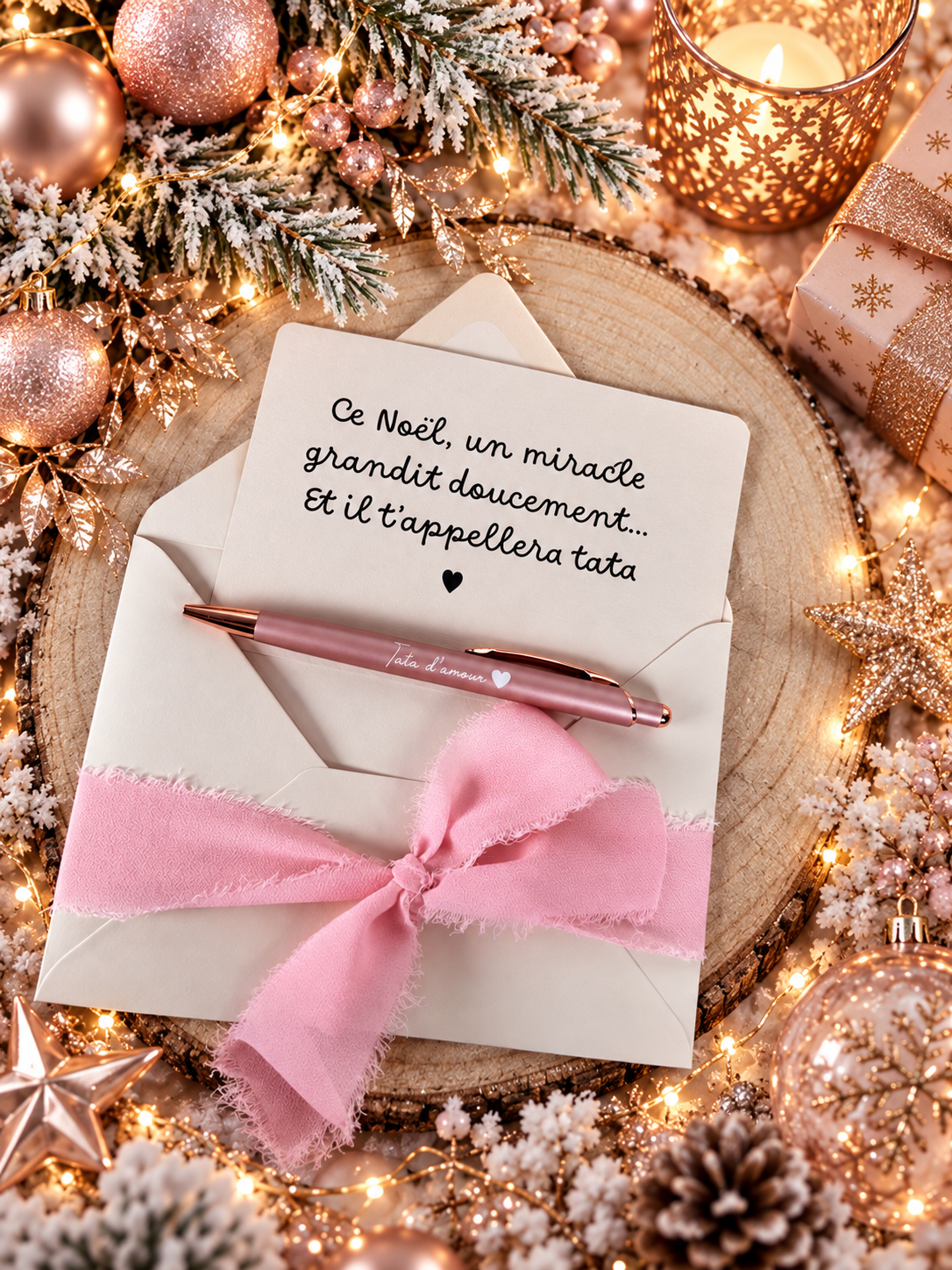 Annonce grossesse carte stylo tata beige Noël