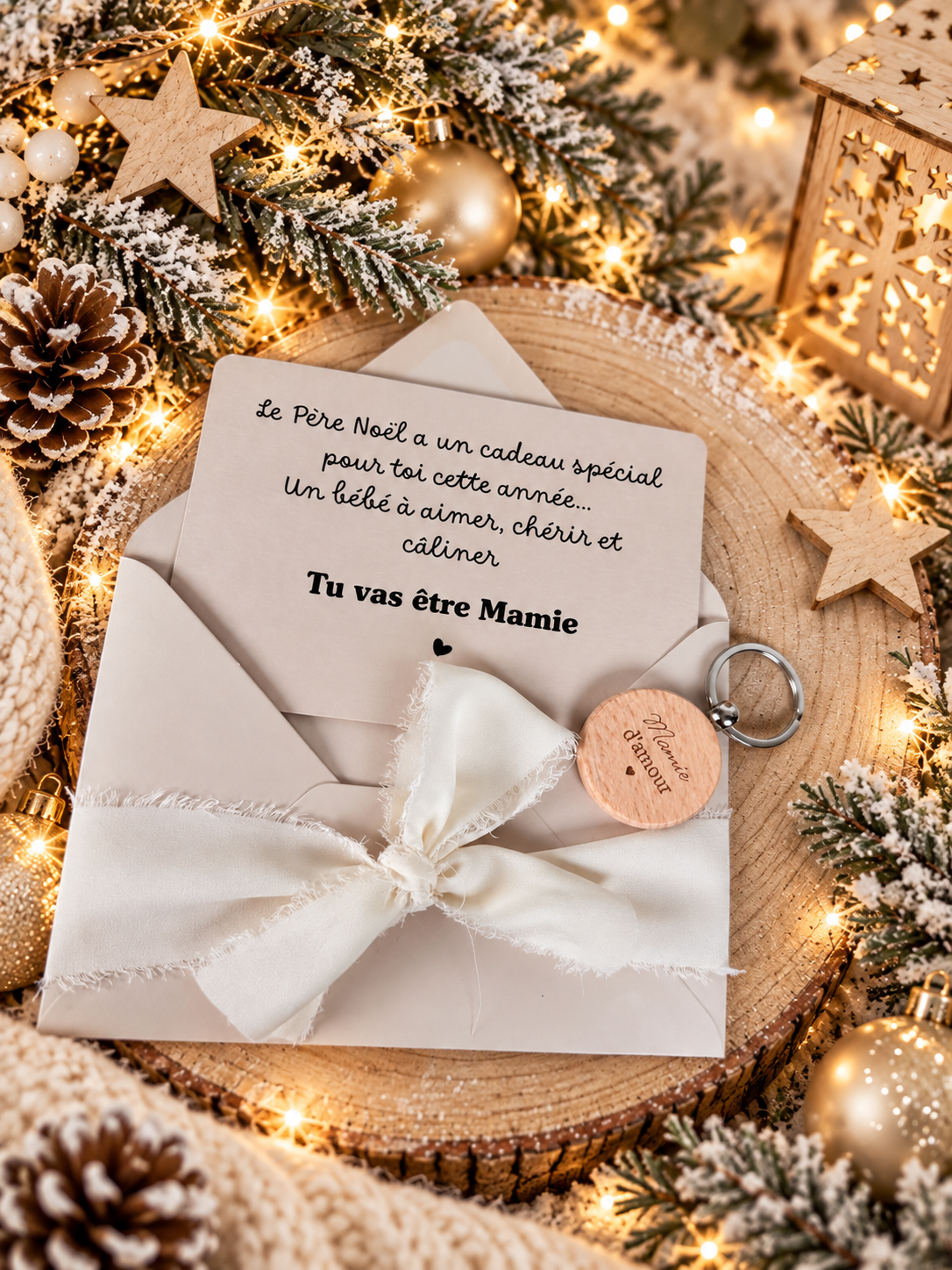 Annonce grossesse mamie carte avec petit porte clé en bois noel