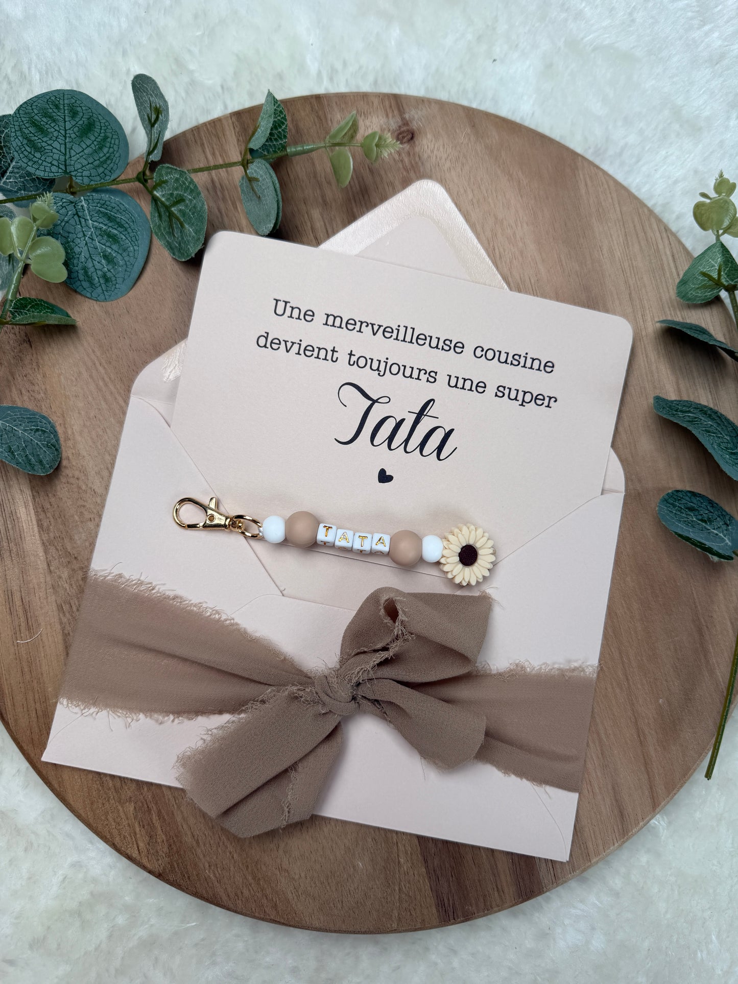 Annonce grossesse carte porte clé perle tata marron