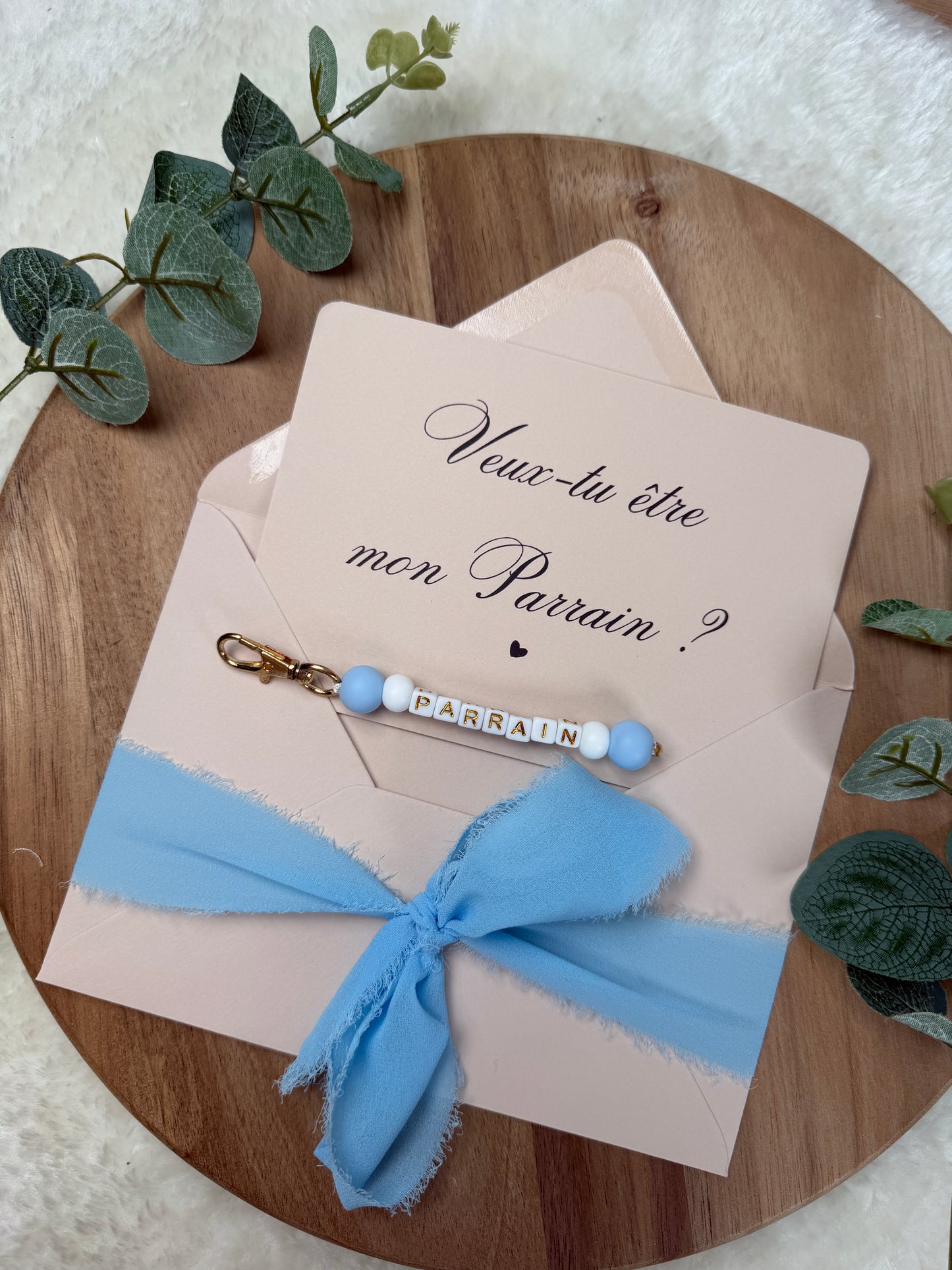 Annonce grossesse carte porte-clés parrain bleu ciel