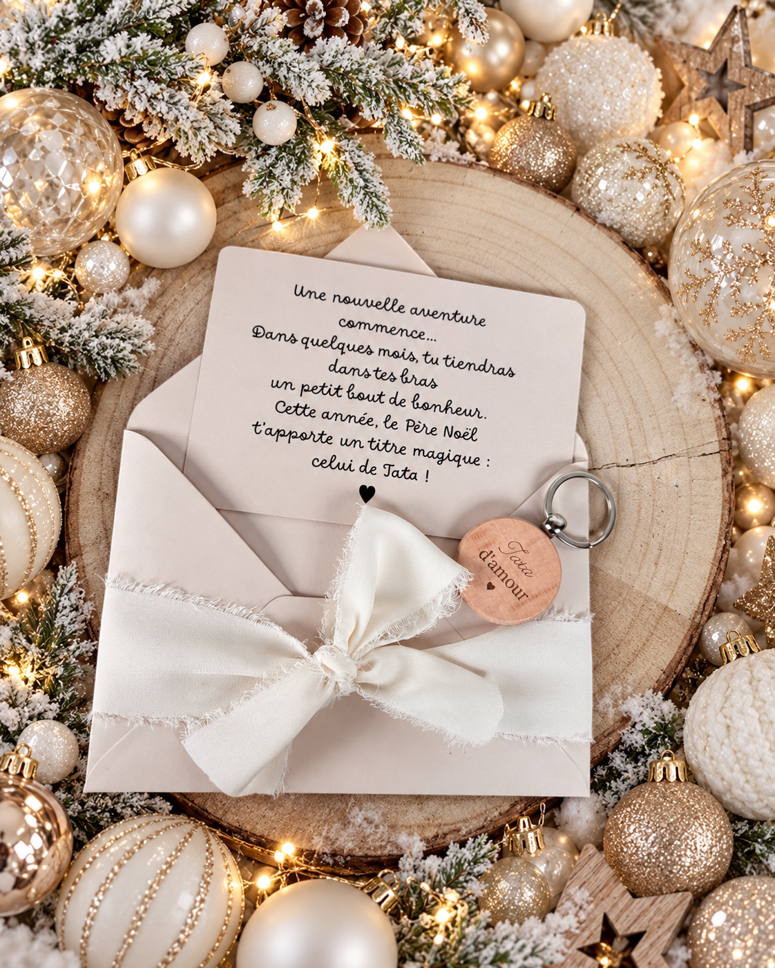 Annonce grossesse carte porte clé bois tata beige noel