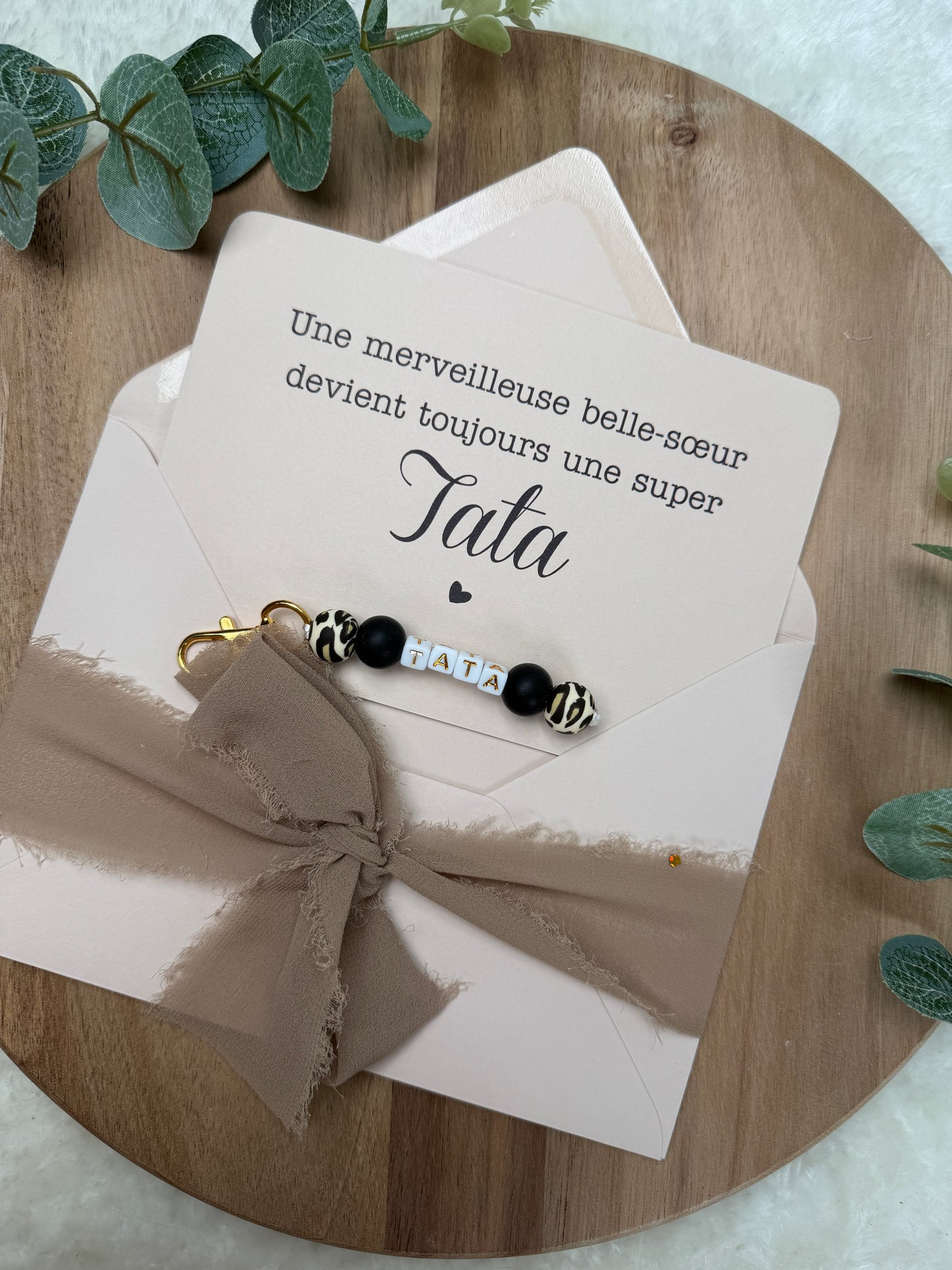Annonce grossesse carte porte clé perle tata léopard