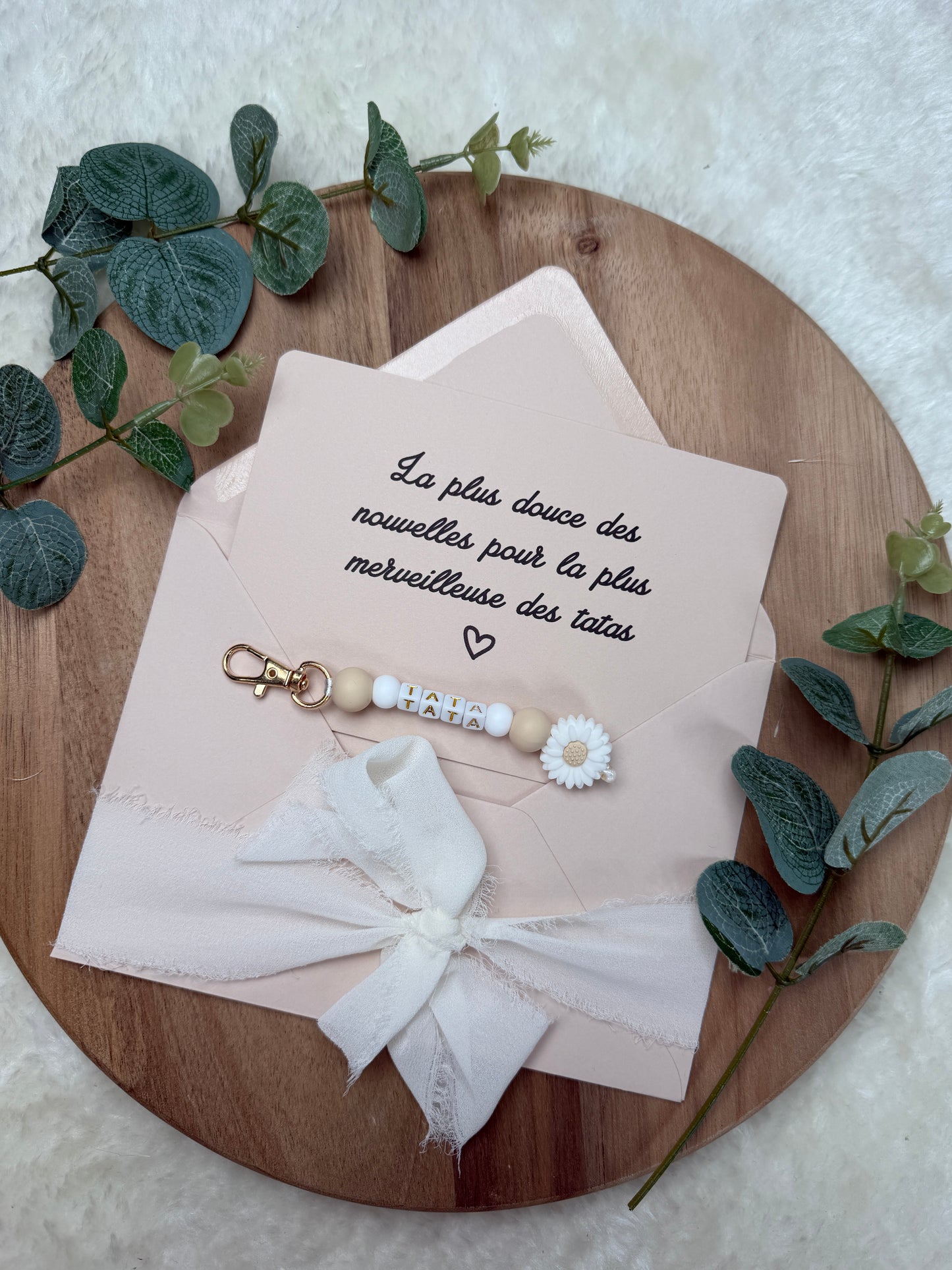 Annonce grossesse carte porte clé perle tata beige