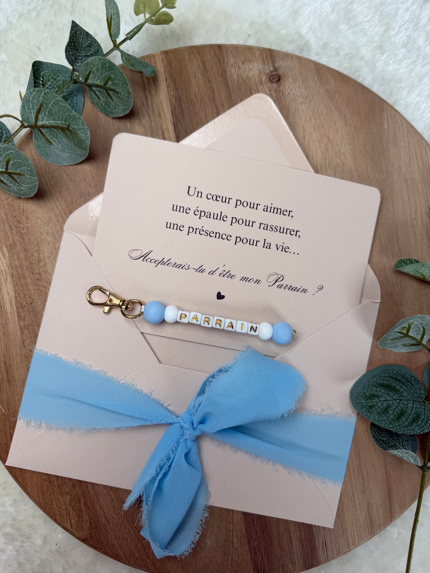 Annonce grossesse carte porte-clés parrain bleu ciel