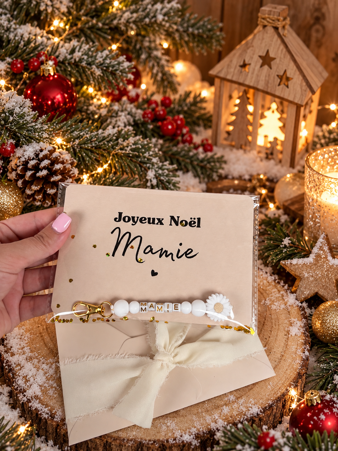Annonce grossesse mamie carte avec petit porte clé en perles noel