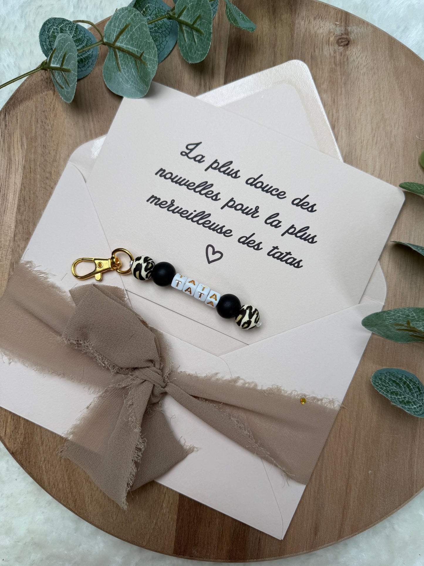 Annonce grossesse carte porte clé perle tata léopard