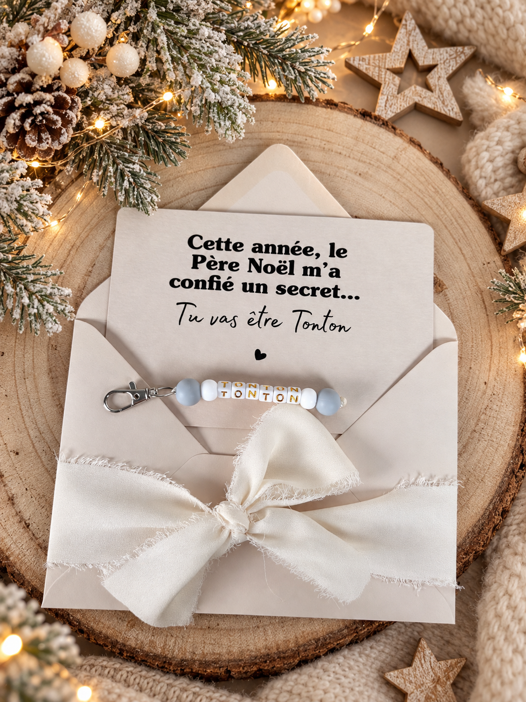 Annonce grossesse tonton carte avec petit porte clés perles grises noel