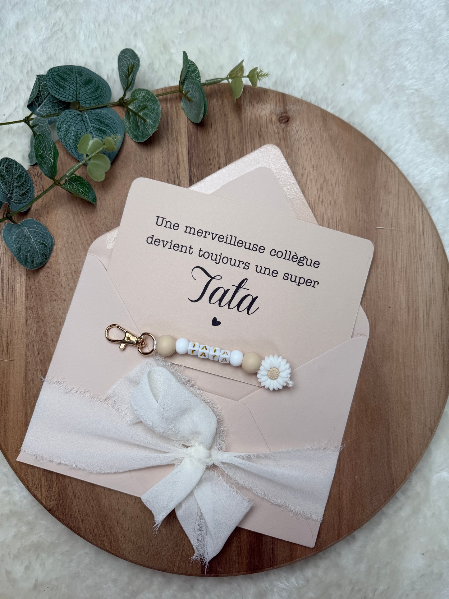 Annonce grossesse carte porte clé perle tata beige