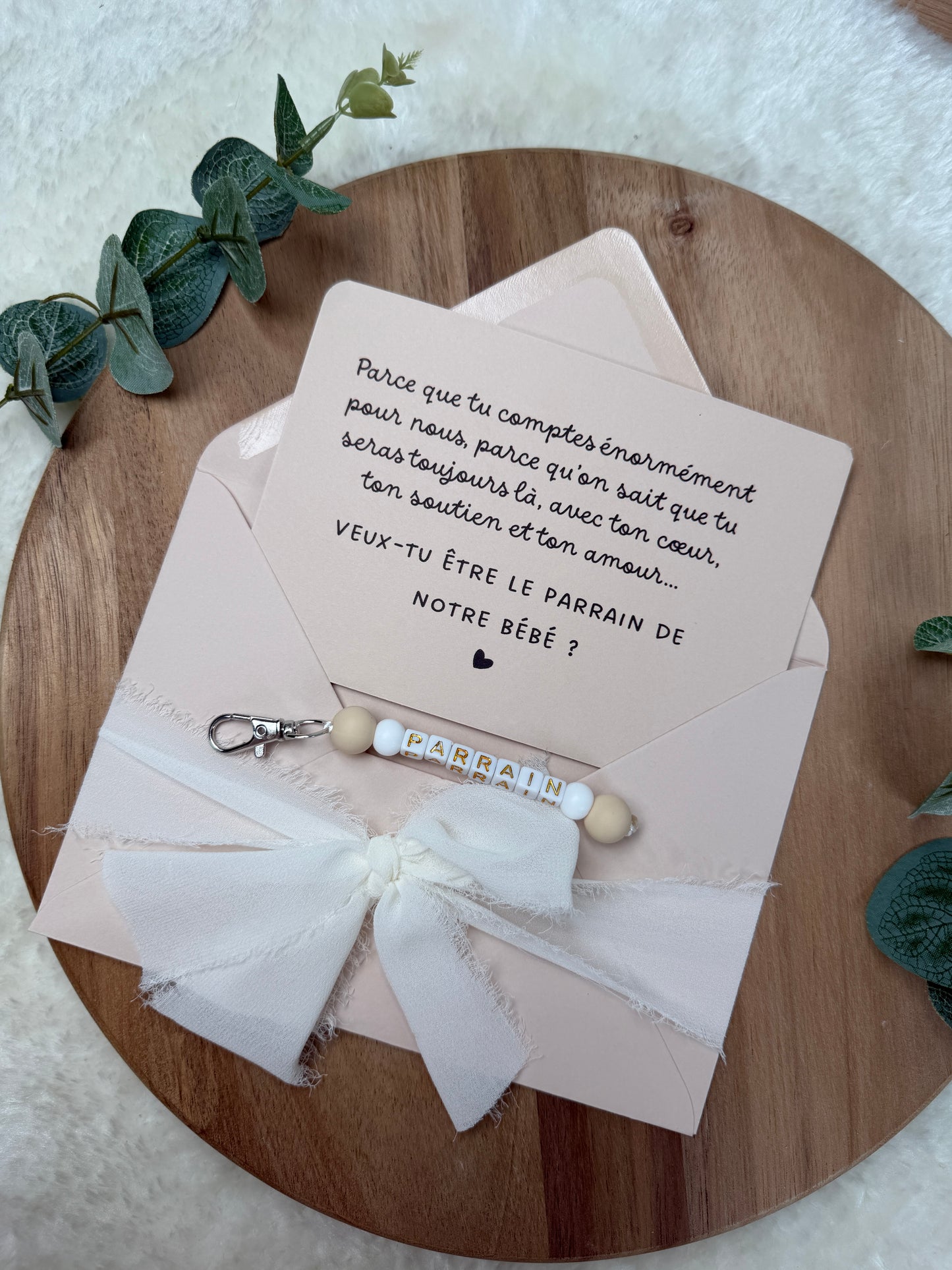 Annonce grossesse carte porte-clés parrain beige