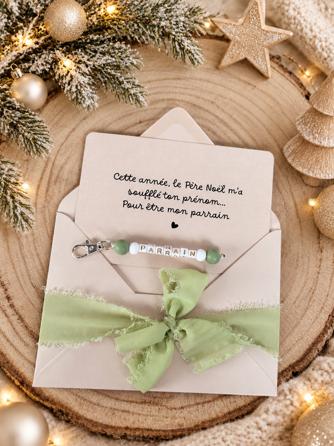 Annonce grossesse, demande parrain carte porte clé noel vert perle