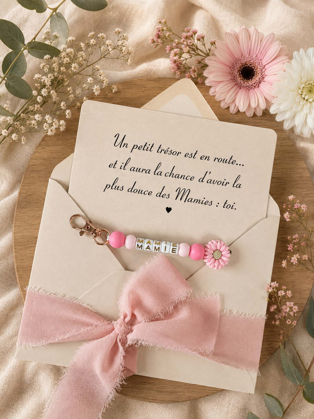 Annonce grossesse mamie carte avec petit porte clé en perles