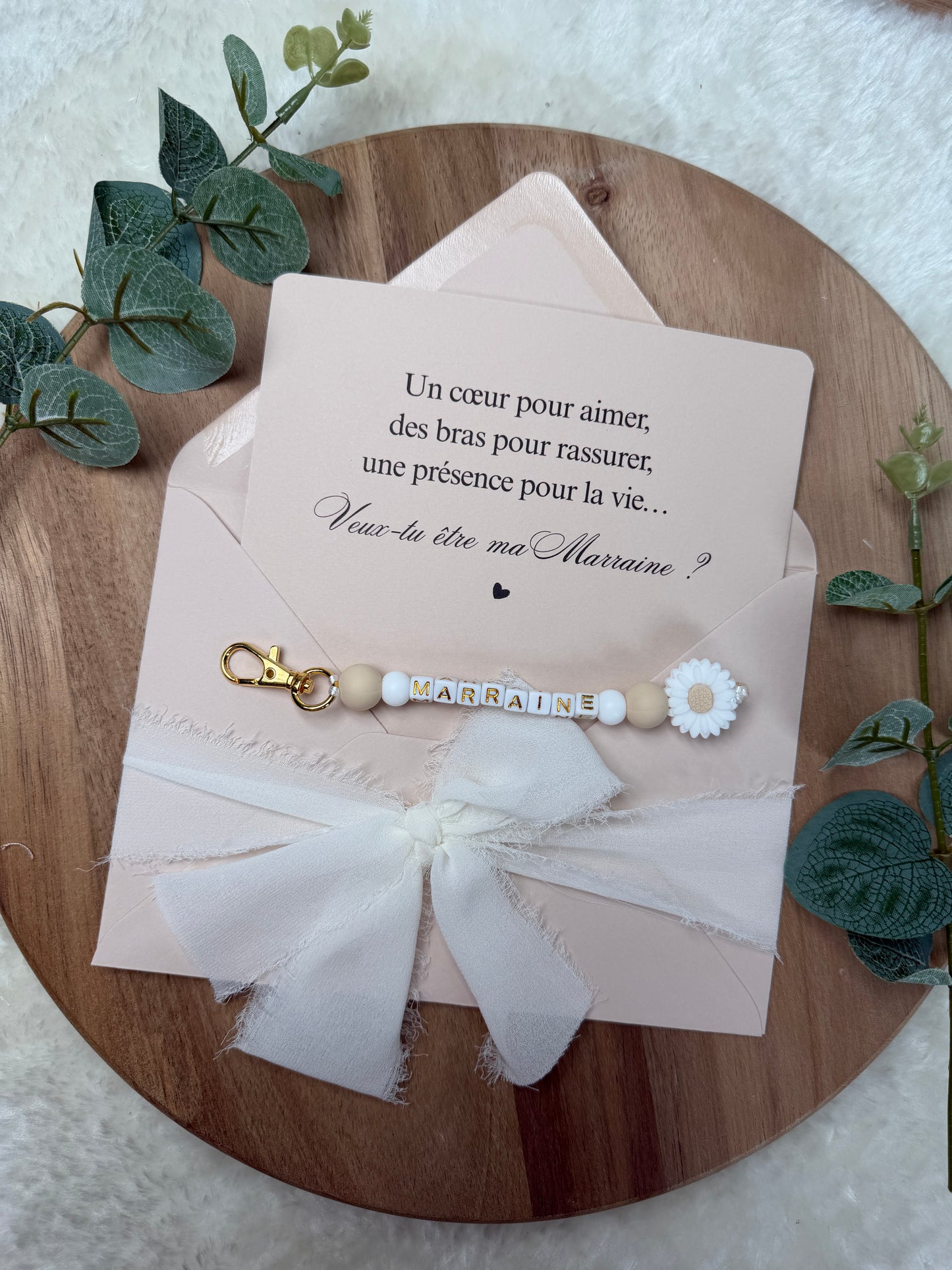 Annonce grossesse, demande marraine, blanc baptême, carte et porte clé en perles