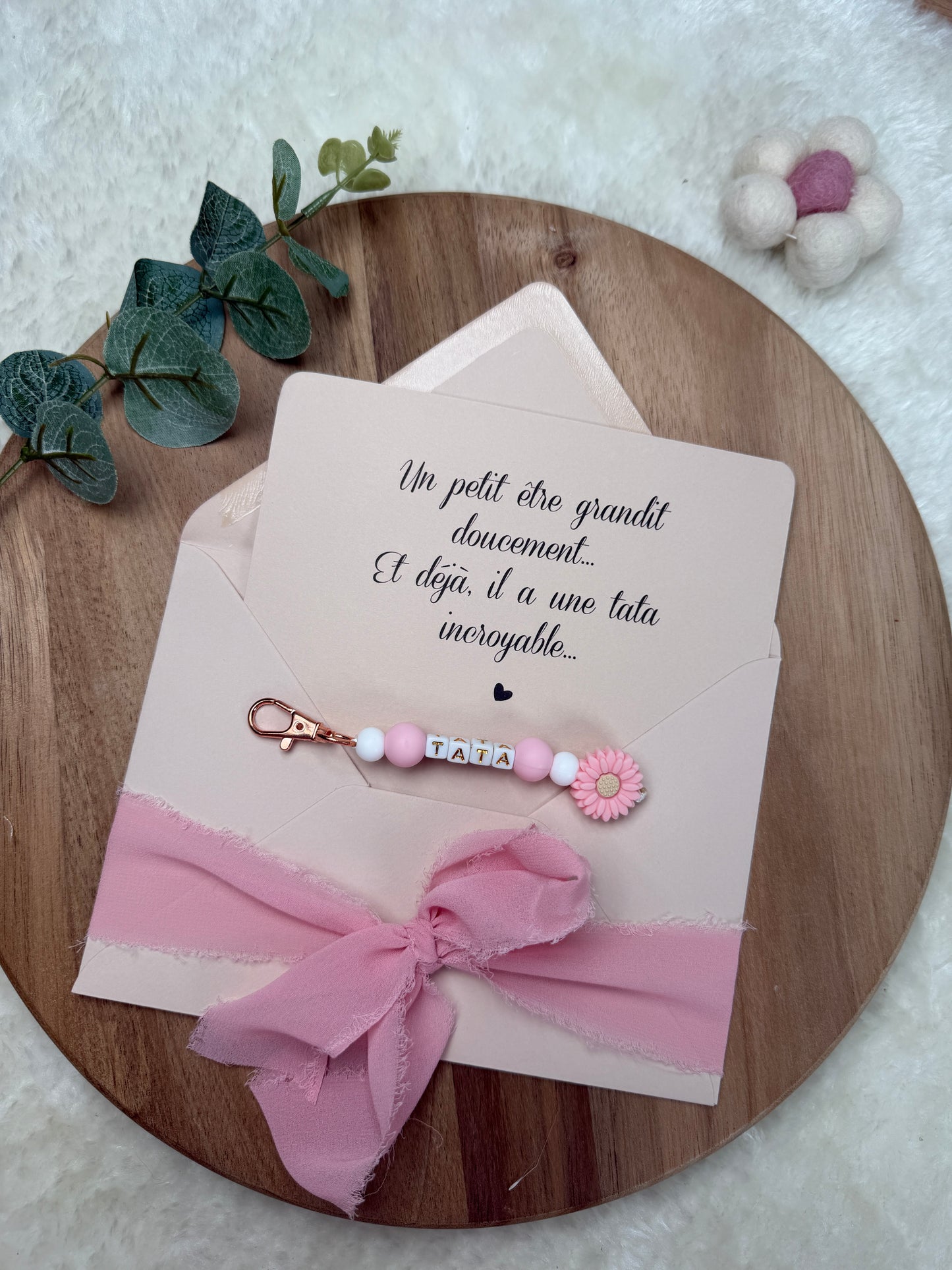 Annonce grossesse carte porte clé perle tata rose
