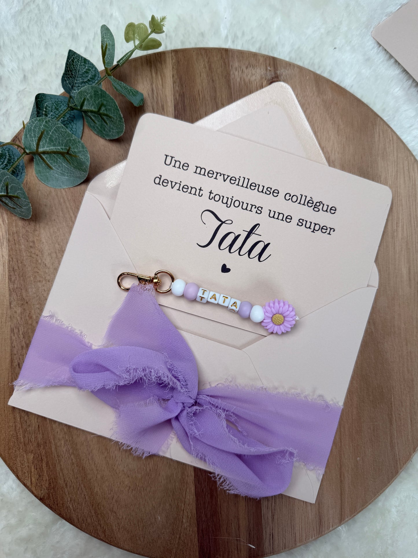 Annonce grossesse carte porte clé perle tata violet