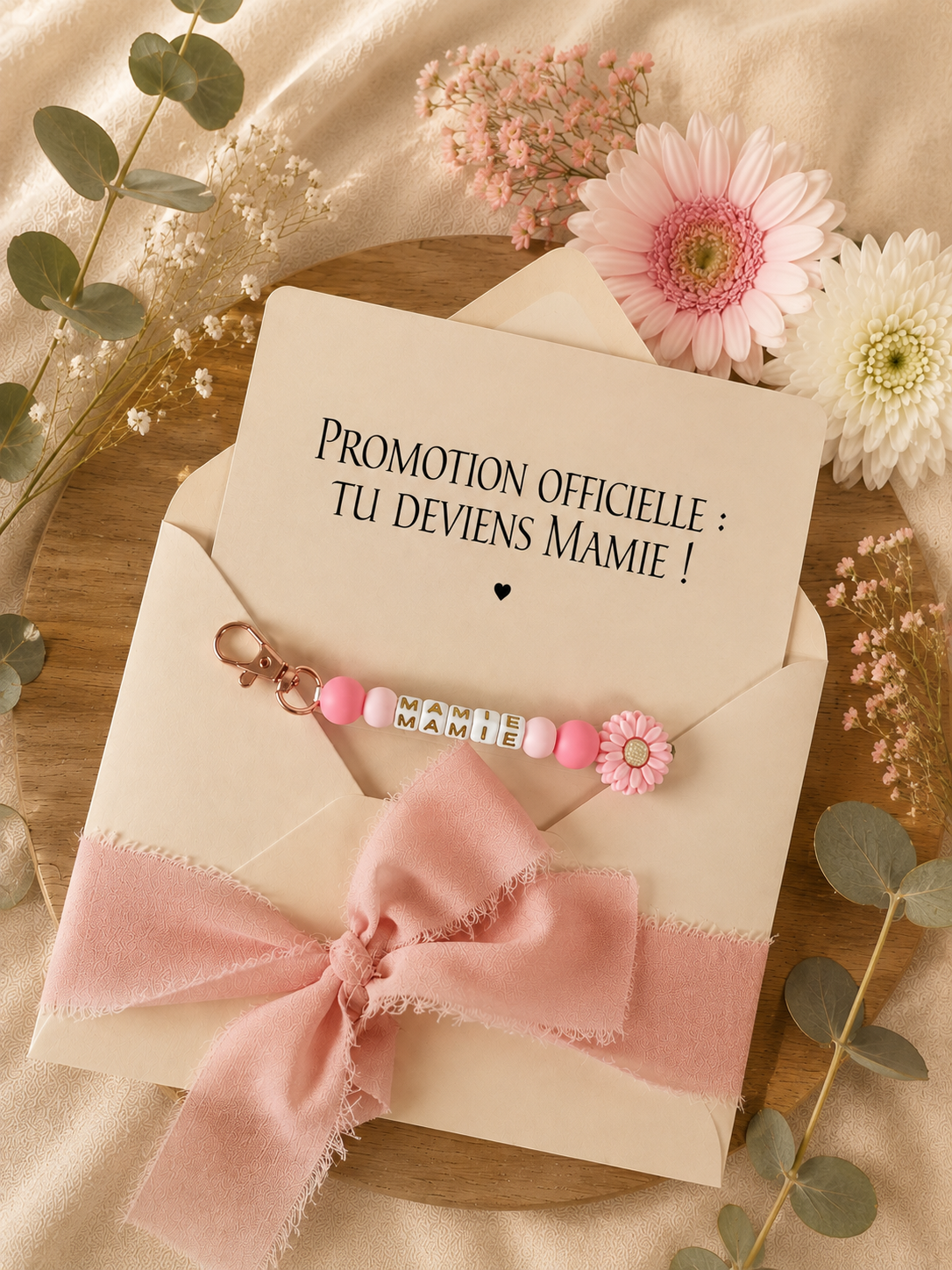 Annonce grossesse mamie carte avec petit porte clé en perles