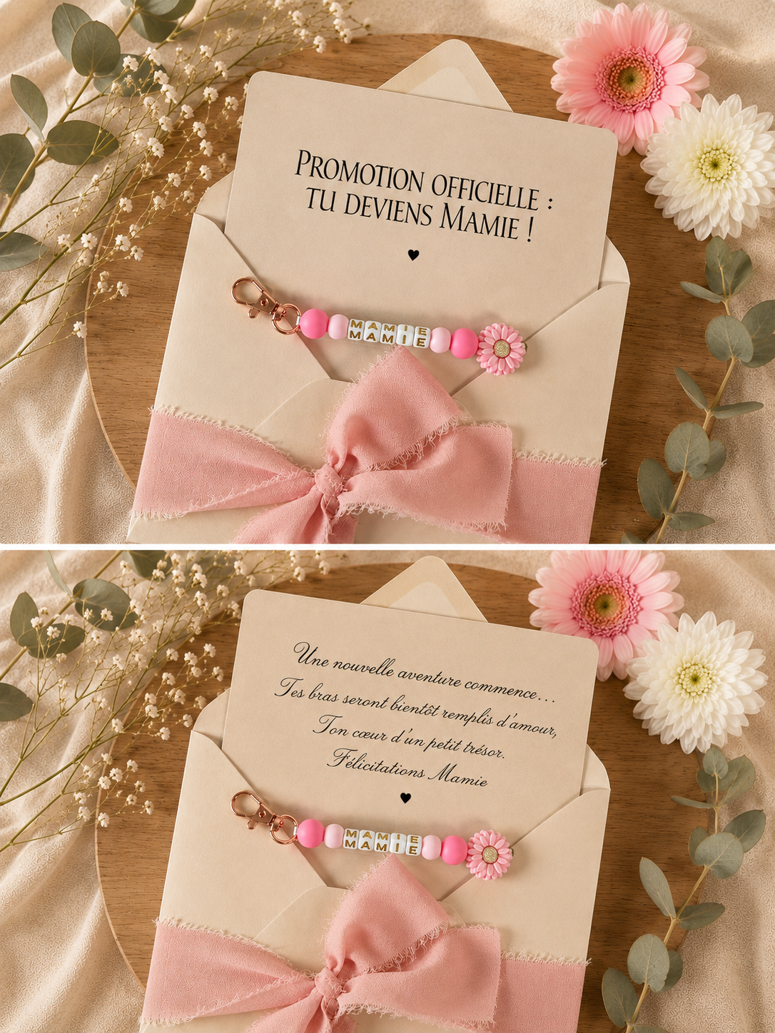 Annonce grossesse mamie carte avec petit porte clé en perles