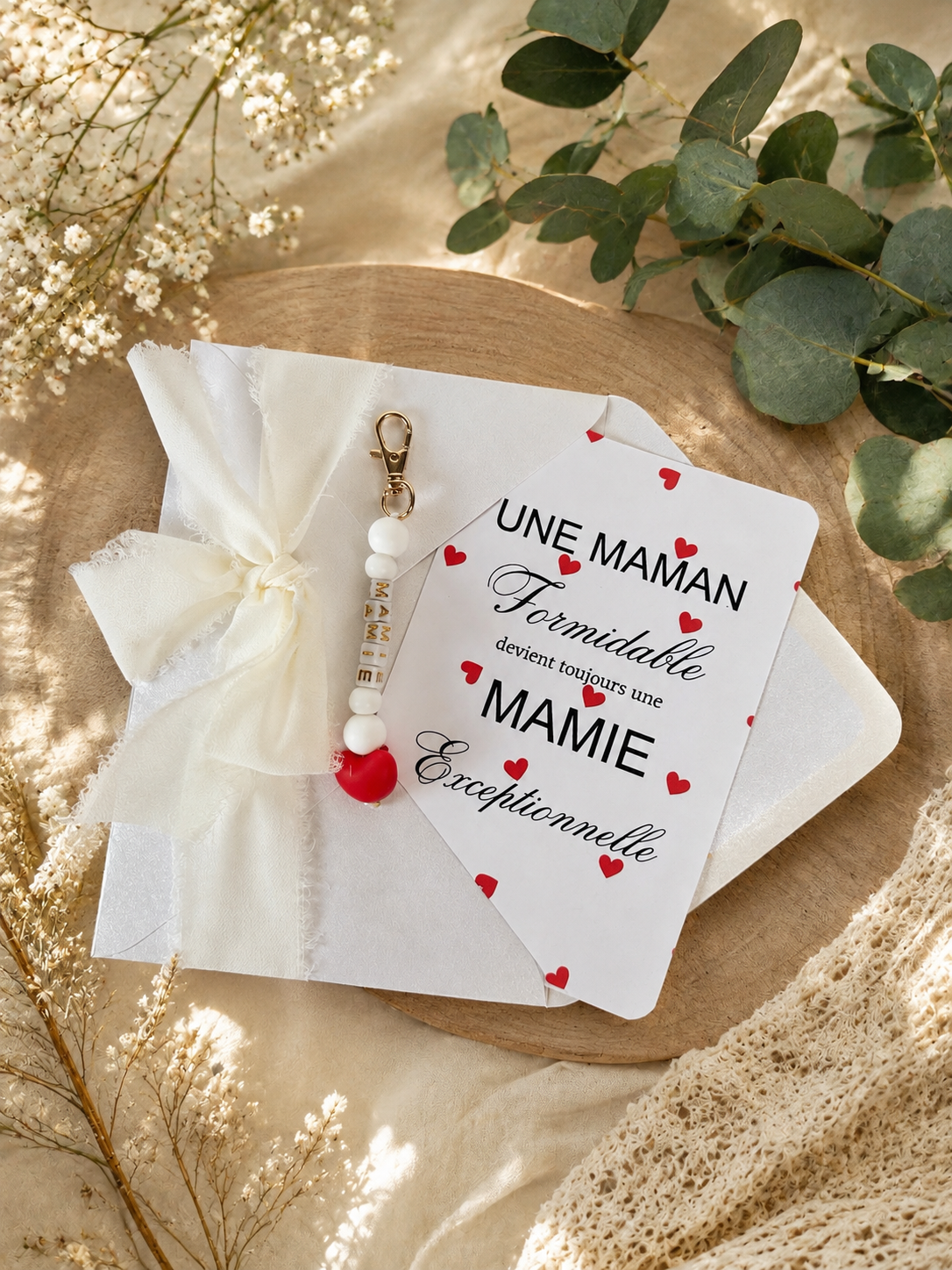 Annonce grossesse mamie carte avec petit porte clé en perles blanc rouge