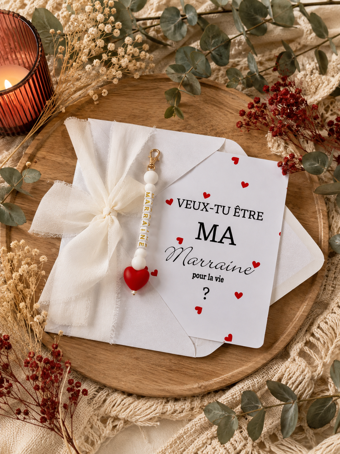 Annonce grossesse, demande marraine, baptême, carte et porte clé en perles cœur rouge