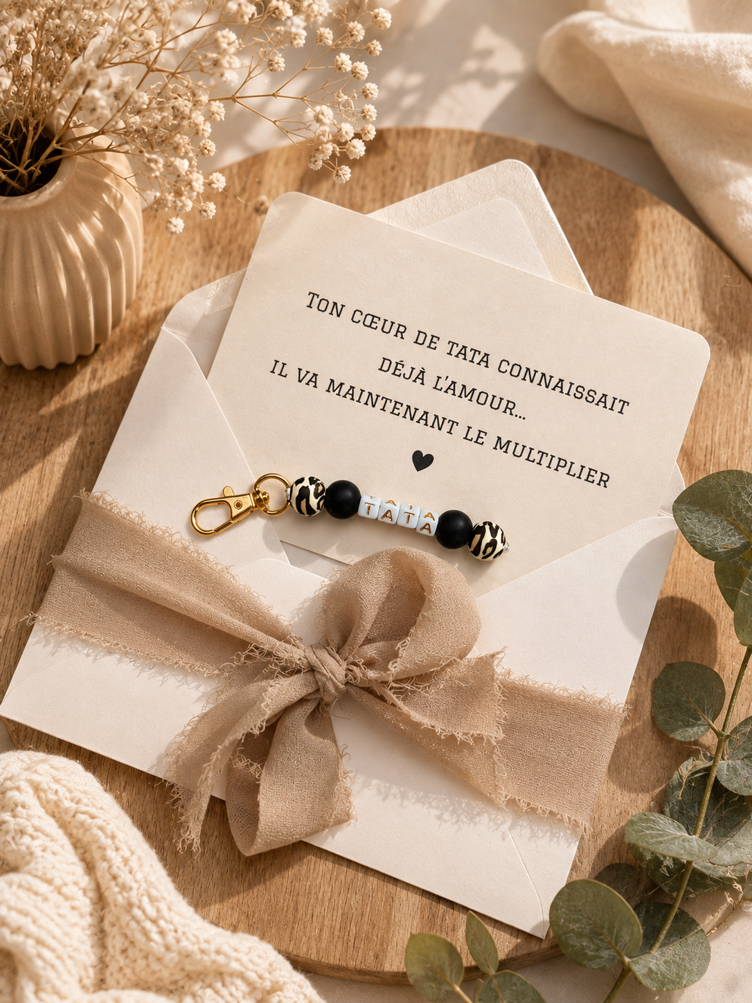 Annonce grossesse carte porte clé perle tata léopard