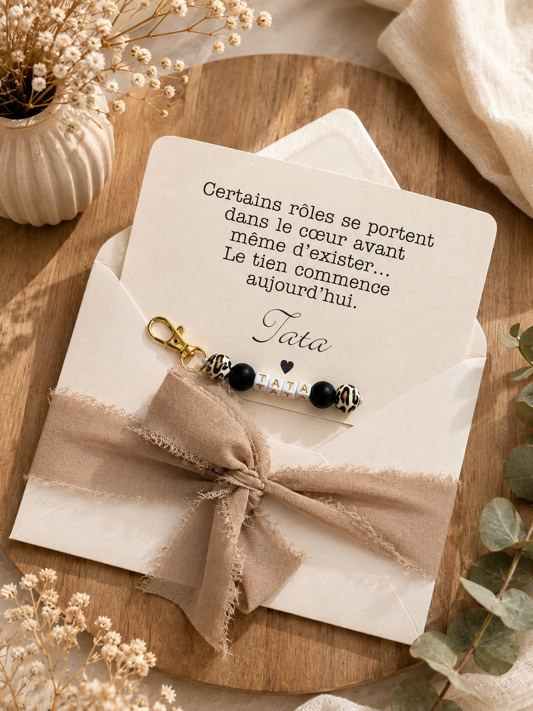 Annonce grossesse carte porte clé perle tata léopard