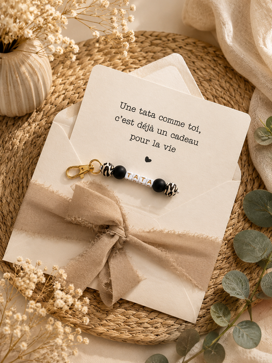 Annonce grossesse carte porte clé perle tata léopard