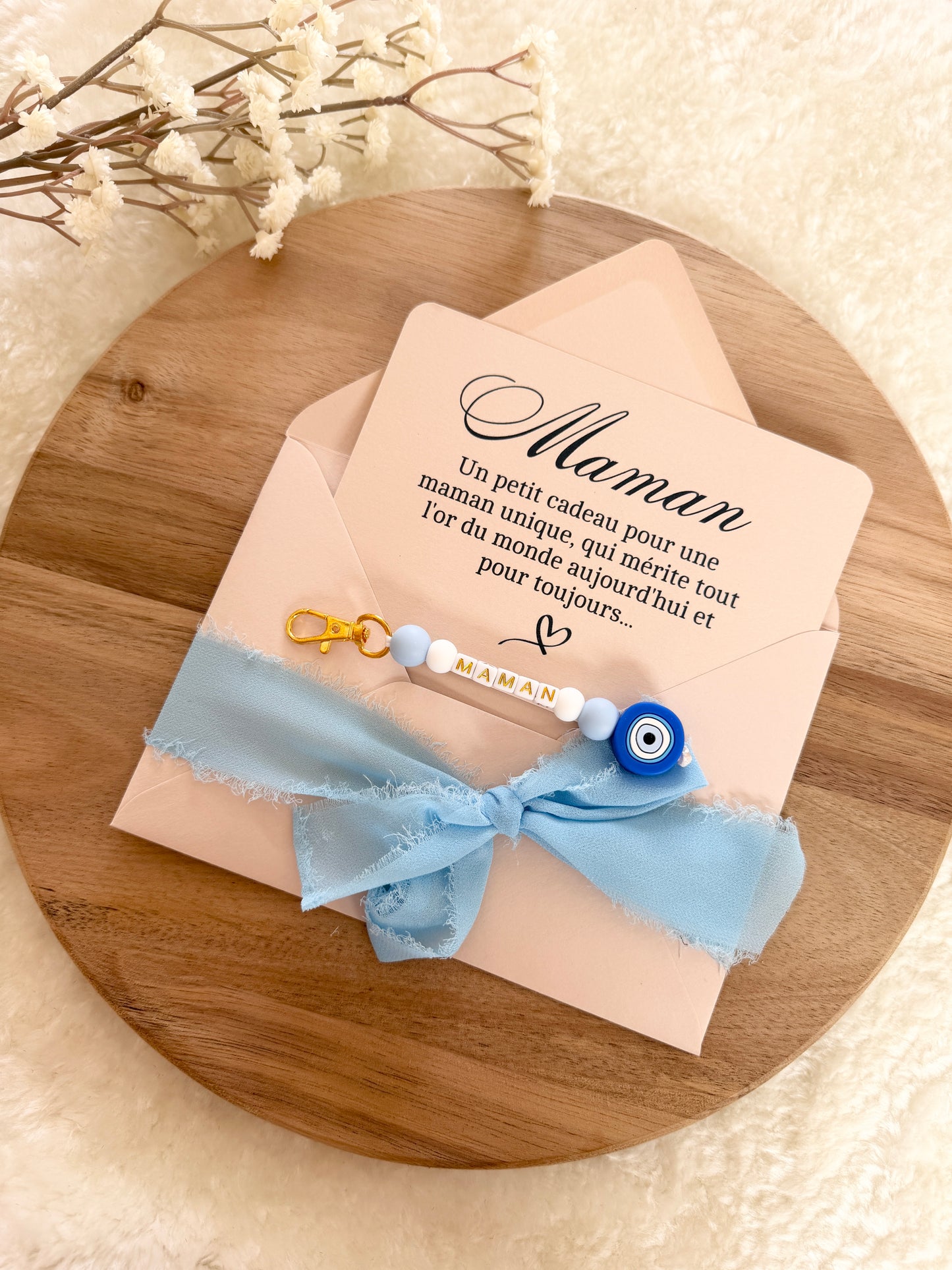 Cadeau fête des mamans, fête des mères, carte avec porte clé oeil bleu