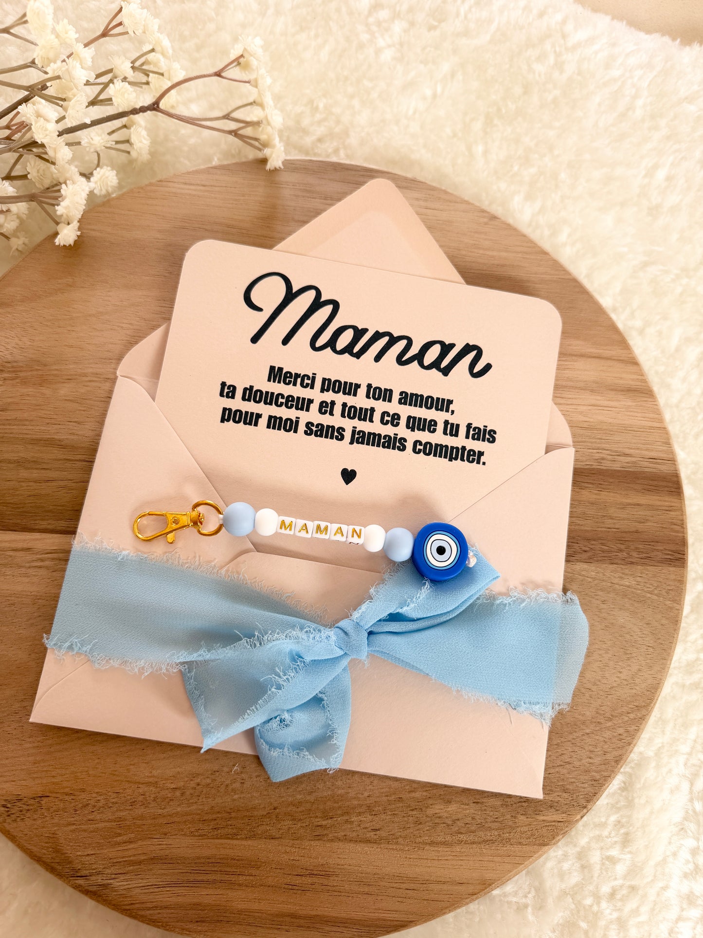 Cadeau fête des mamans, fête des mères, carte avec porte clé oeil bleu
