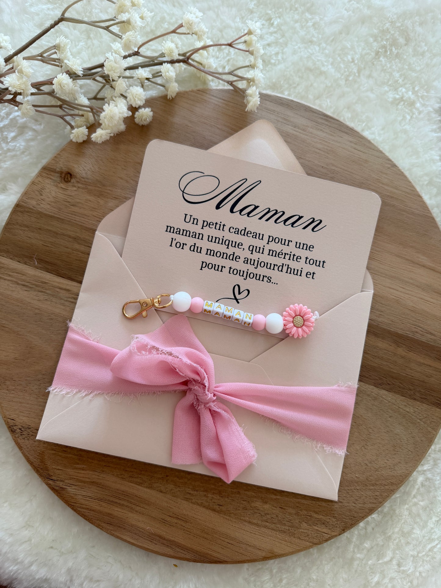 Cadeau fête des mamans, fête des mères, carte avec porte clé rose fleur