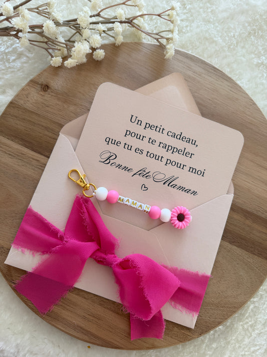 Cadeau fête des mamans, fête des mères, carte avec porte clé rose fuschia