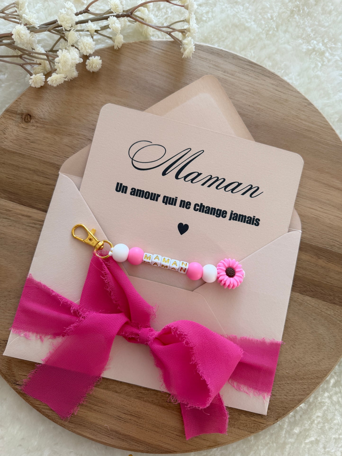 Cadeau fête des mamans, fête des mères, carte avec porte clé rose fuschia