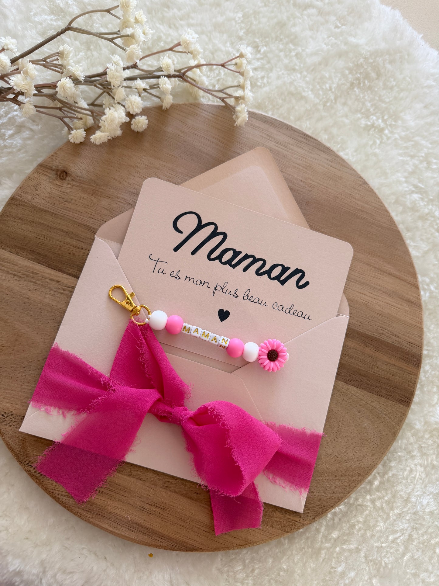 Cadeau fête des mamans, fête des mères, carte avec porte clé rose fuschia