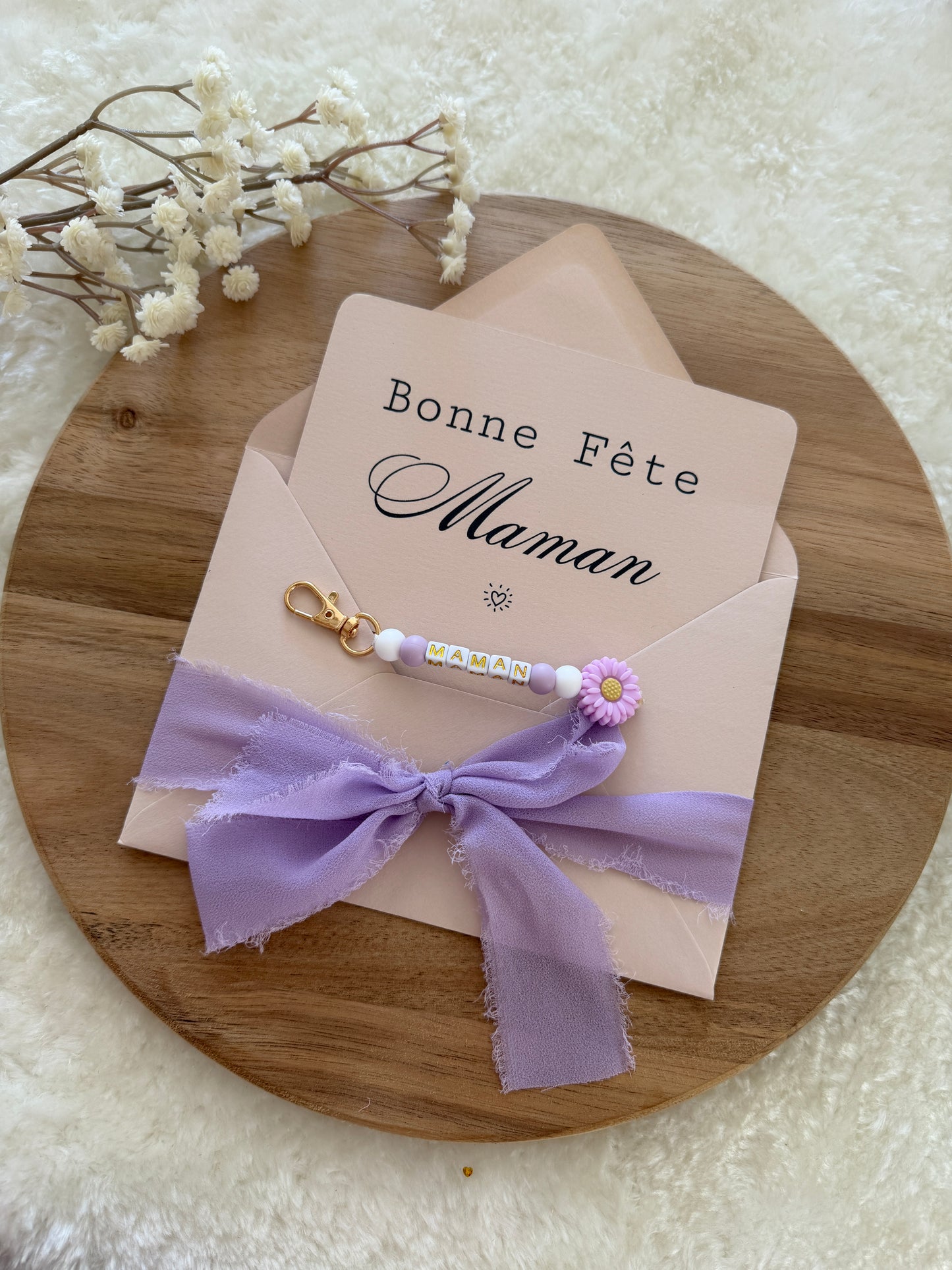 Cadeau fête des mamans, fête des mères, carte avec porte clé violet