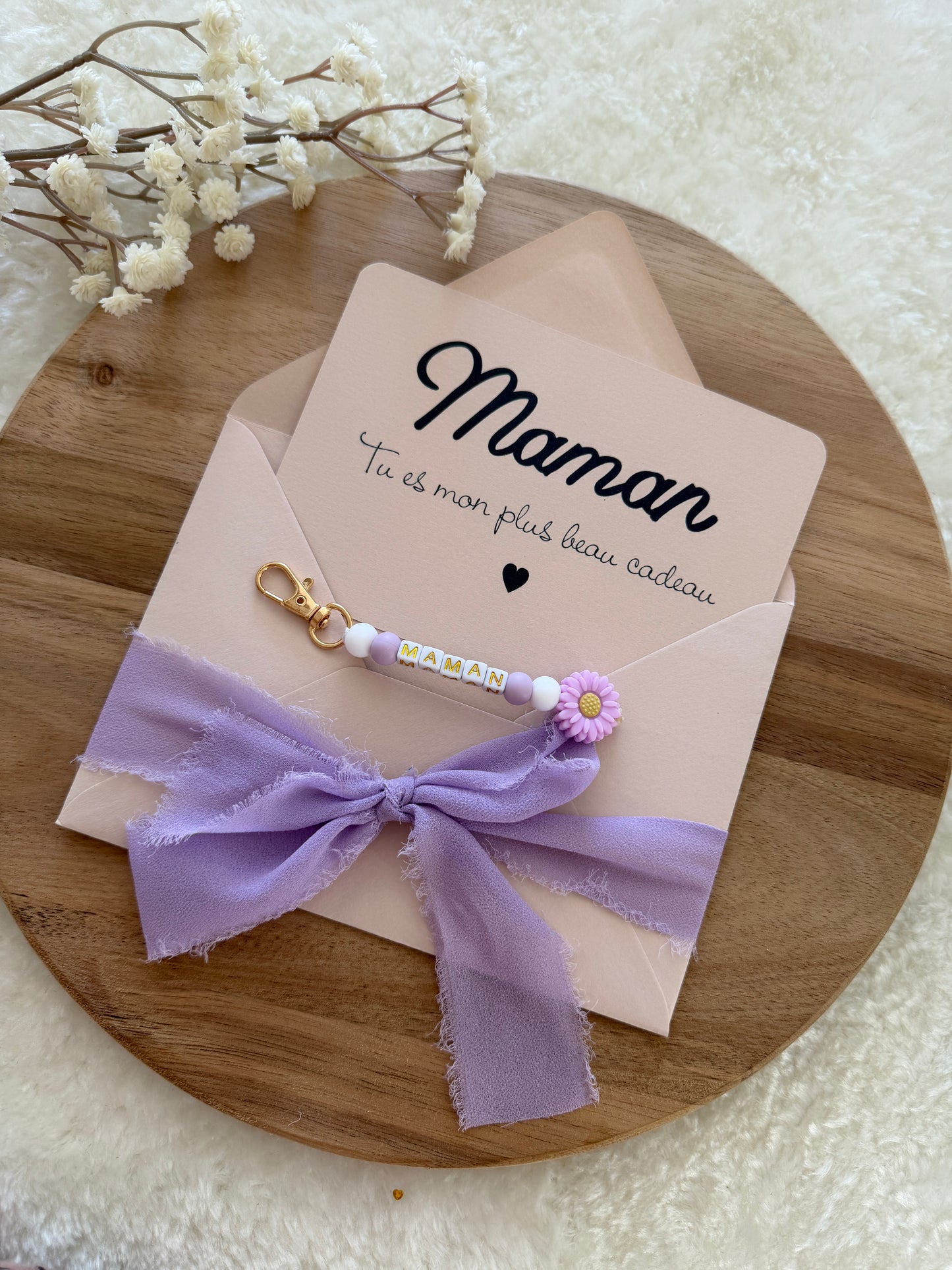 Cadeau fête des mamans, fête des mères, carte avec porte clé violet
