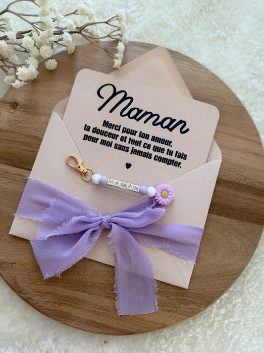Cadeau fête des mamans, fête des mères, carte avec porte clé violet