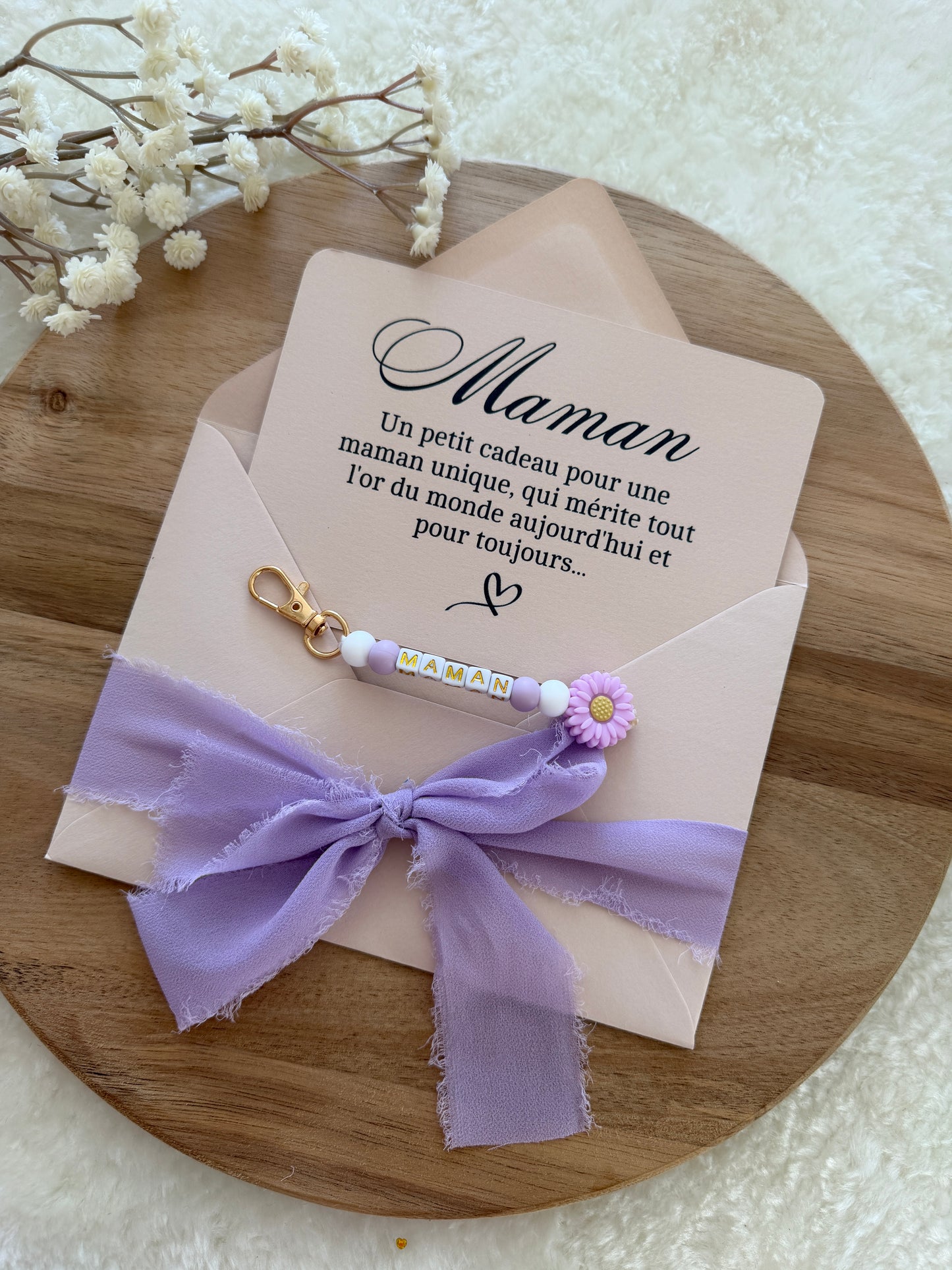 Cadeau fête des mamans, fête des mères, carte avec porte clé violet