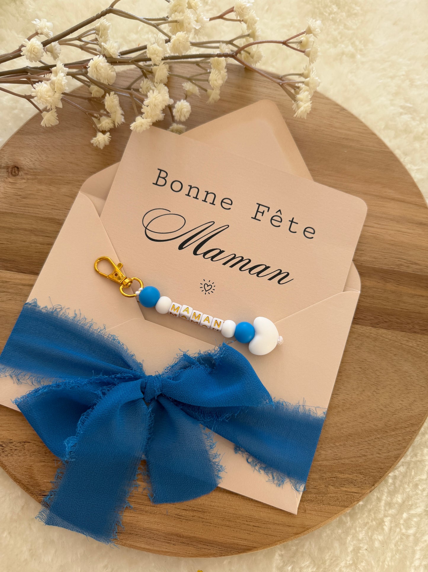 Cadeau fête des mamans, fête des mères, carte avec porte clé  bleu foncé